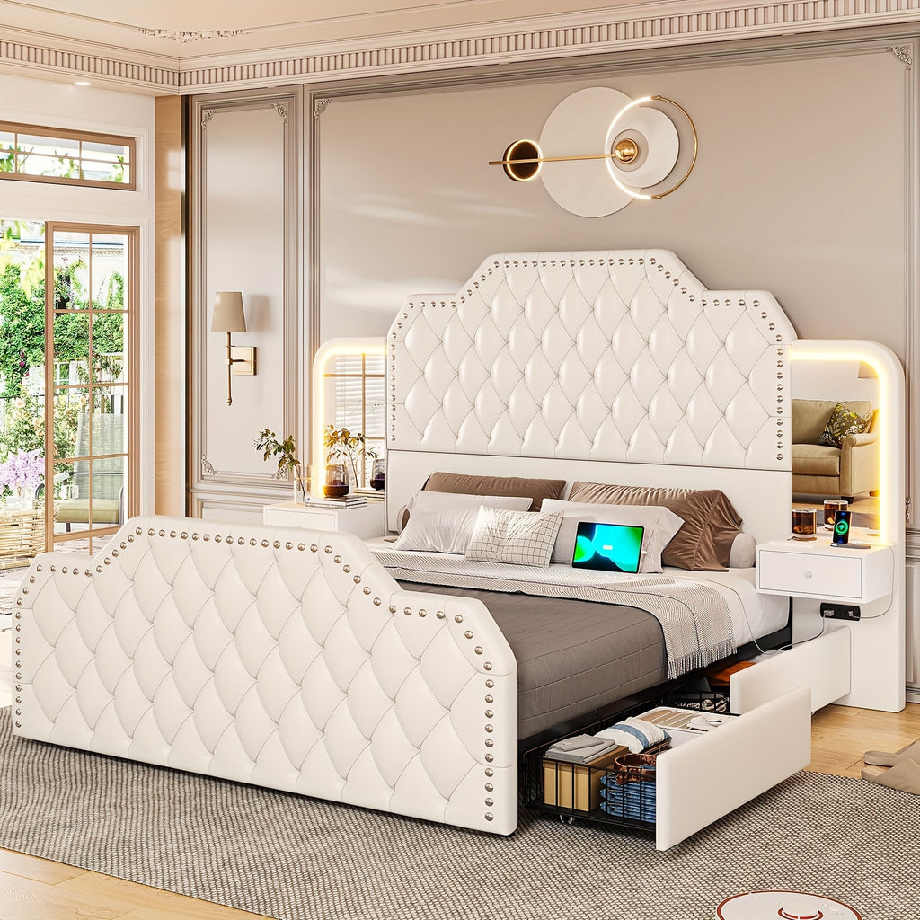 Queen Size Bed Frame with 4 Storage Drawers and LED Lights
