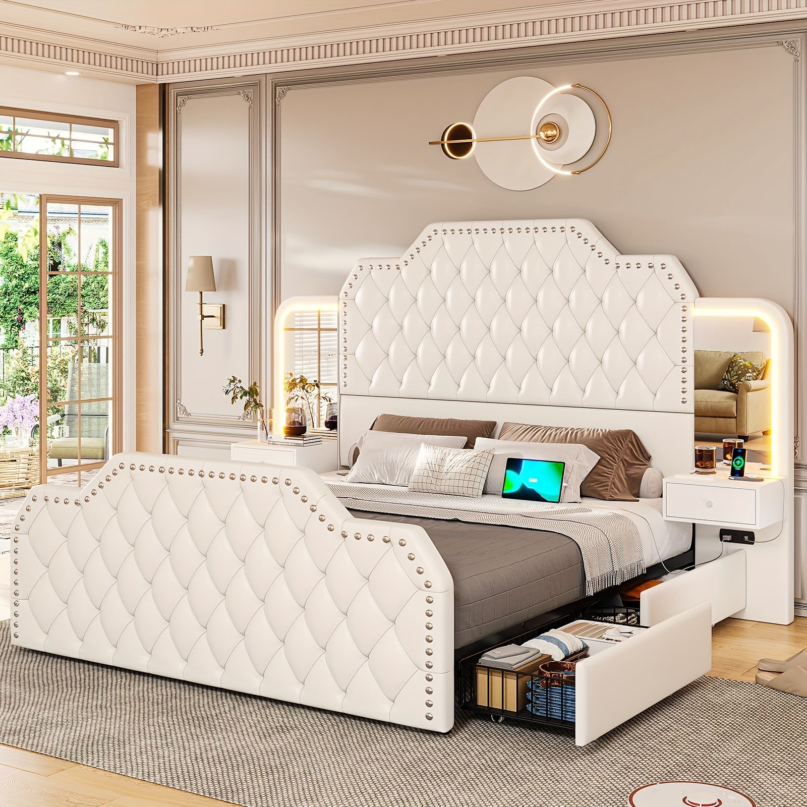 Queen Size Bed Frame with 4 Storage Drawers and LED Lights