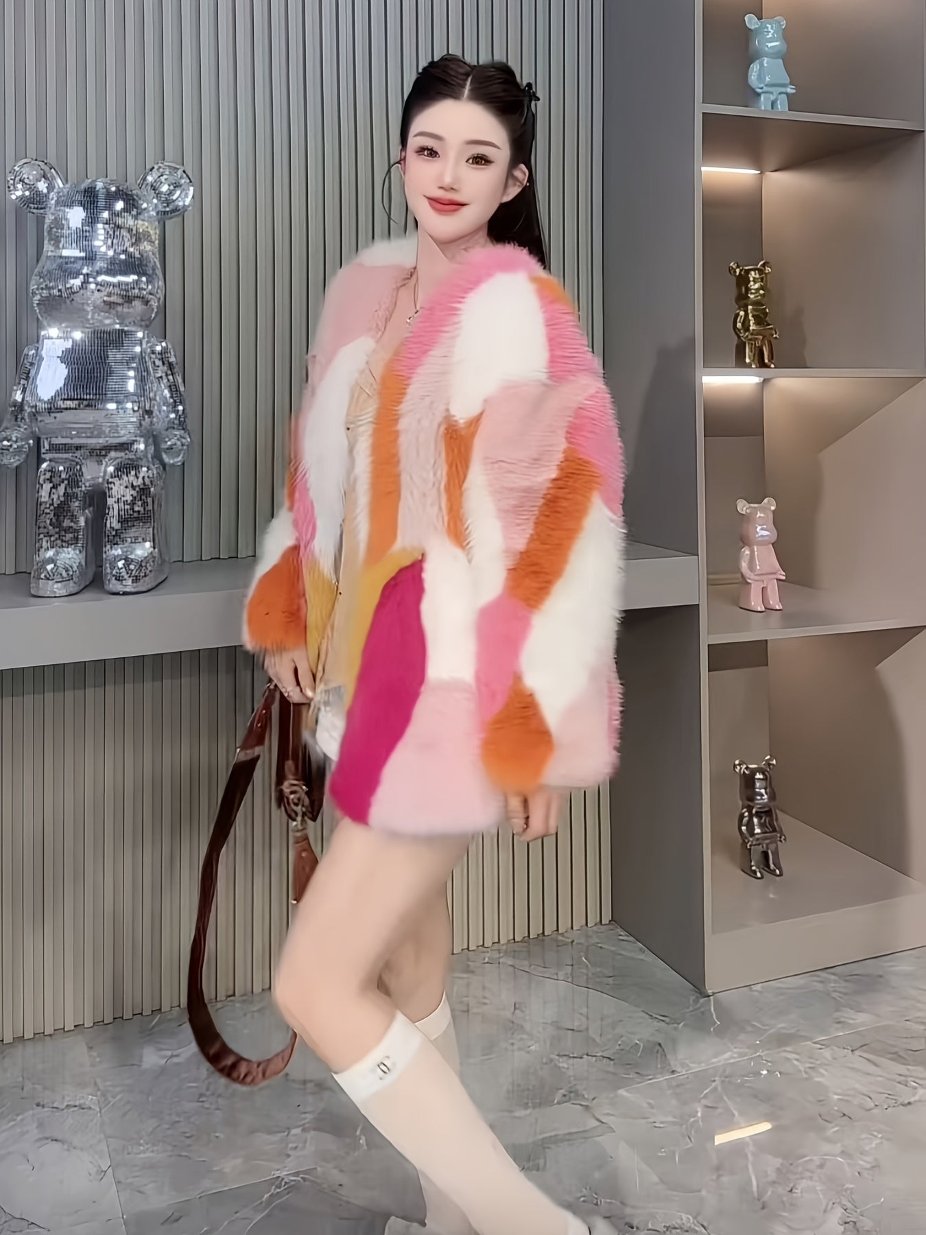 Rainbow Color Block Faux Fur Coat
