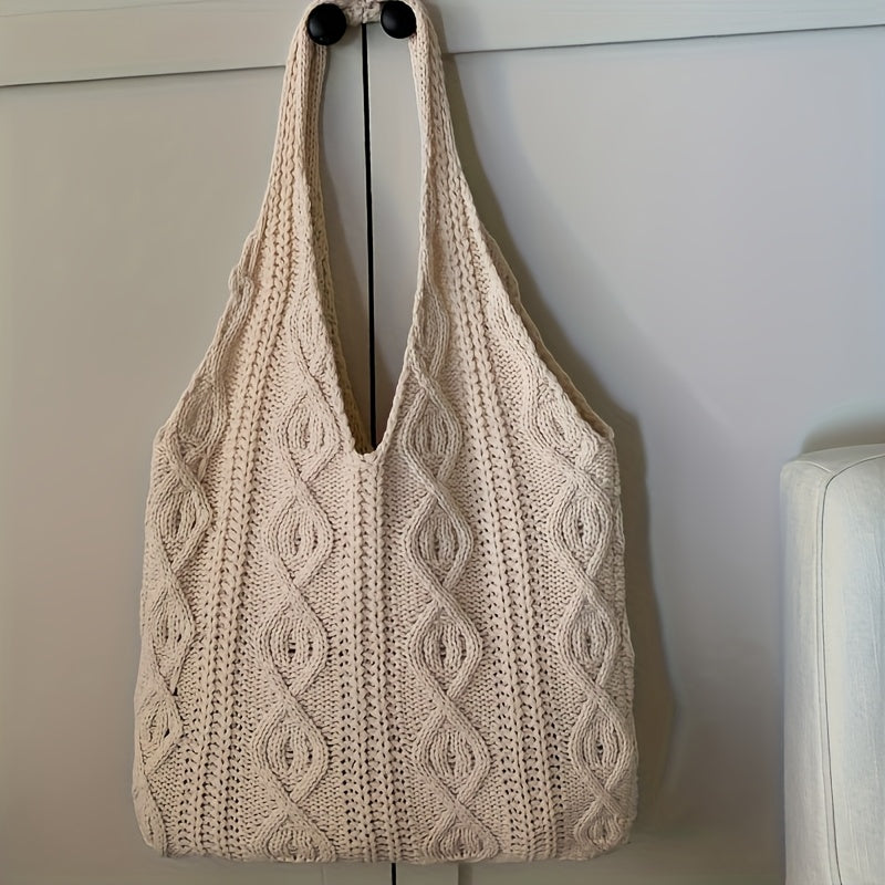 Vintage Knit Hobo Bag - Large Capacity Women'S Shoulder Bag with Intricate Braided Design, Beige Casual Tote for Shopping & Daily Use, Available in Three Colors | Retro Style Handbag | Open Design, Casual Shoulder Bag | Retro