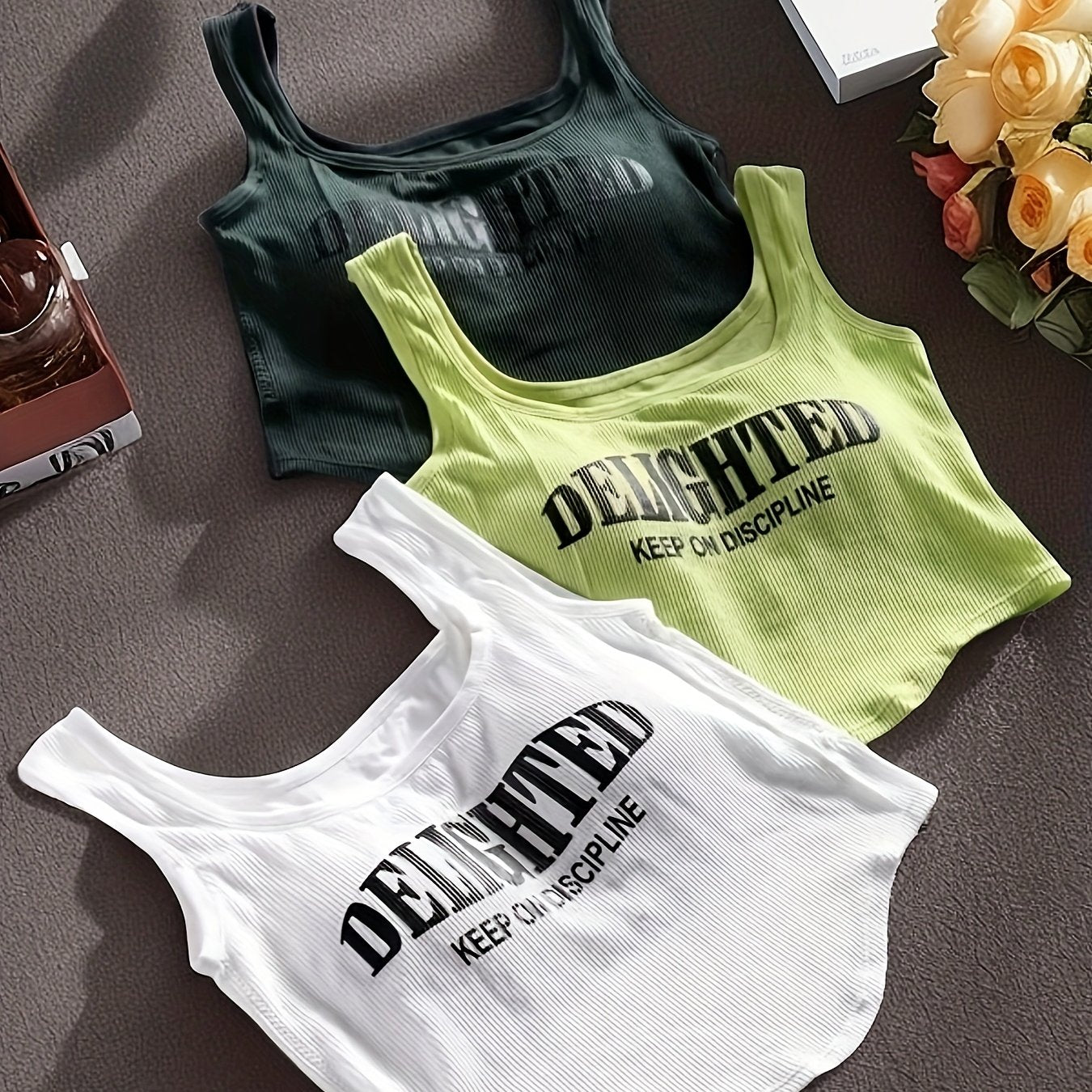 3pcs Casual Knit Fabric Sleeveless Tops with Built-In Non-removable Padding