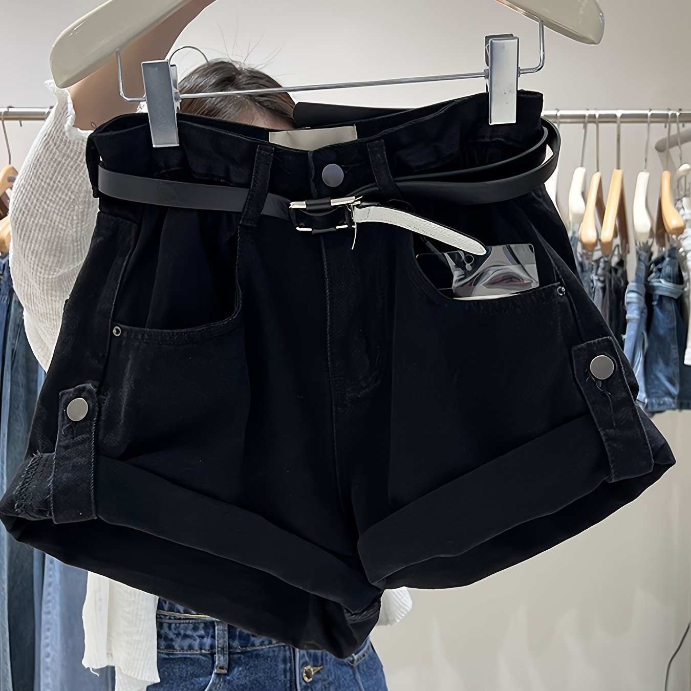 High Waisted Rolled Hem Straight Leg Wide Denim Shorts