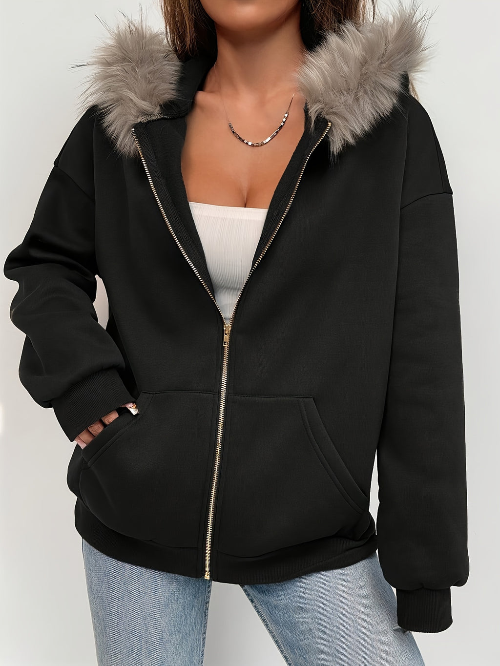 Women'S Hooded Jacket - Elegant Loose Fit Zip-Up Coat with Front Zipper Closure, Long Sleeve Outerwear for Fall/Winter, Chic Casual Outerwear for Everyday & Formal Events - Easy-Care Women'S Clothing, Ladies Winter Coats, Sea