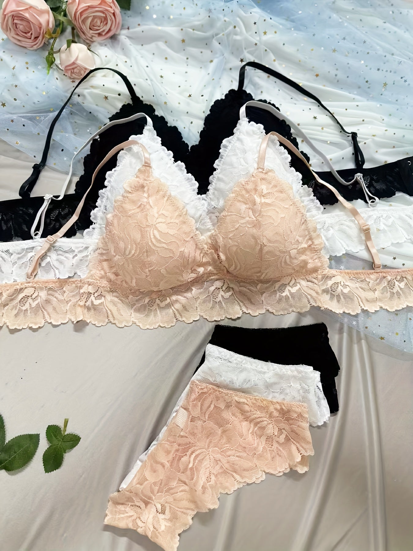 Lace Underwire Full-Bust Lace Bra & High-Waisted Panties Set {3pcs}