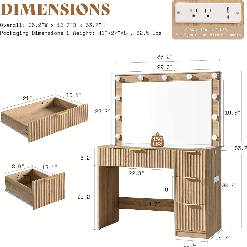 Fluted Vanity Desk With Large Mirror