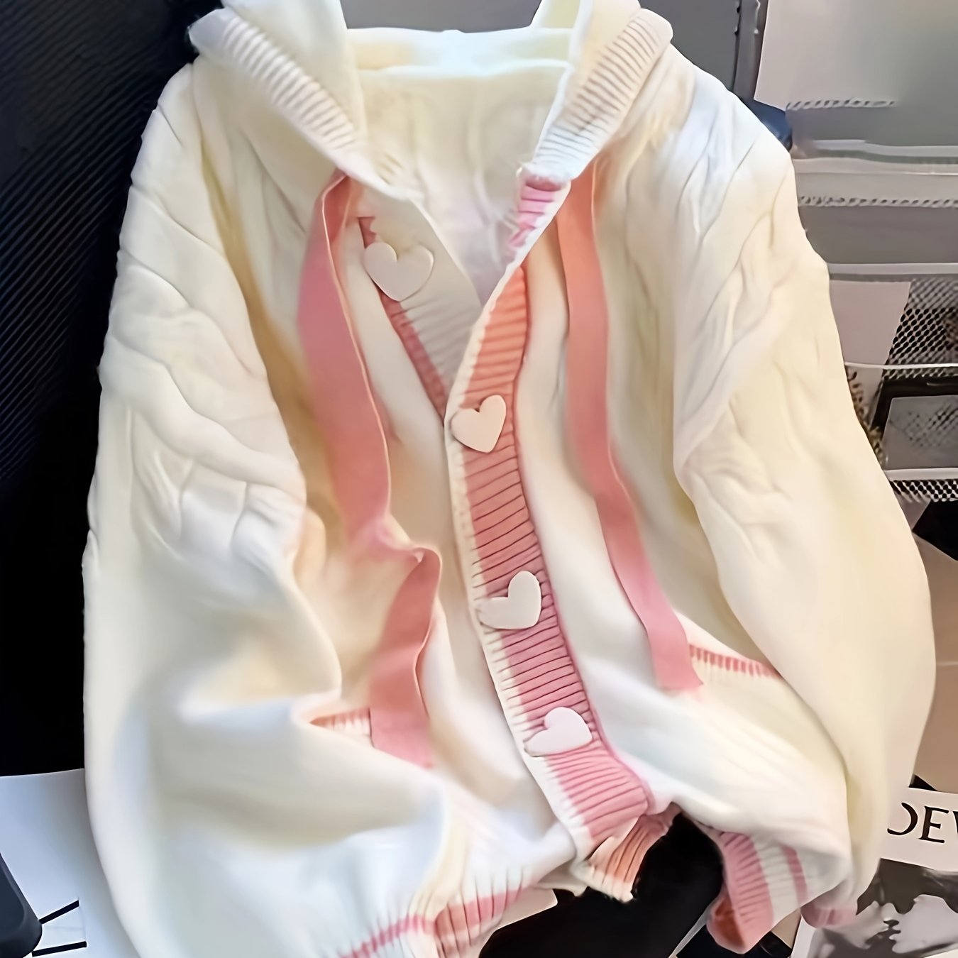 Women'S Hooded Cardigan - Pastel Pink & white colorblock Sweater, Button-Front Closure, Loose Fit Open Front Sweater for Fall/Winter, Everyday & Formal Outfits - Women'S Sweater Coat, Cardigan Sweater, Casual Layering Piece,
