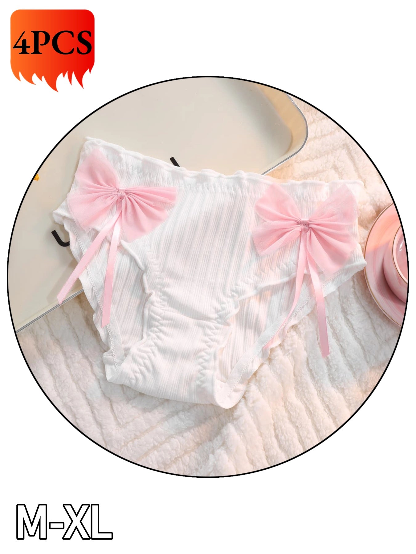 4 Black Pink Comfortable Underwear with Mid Waist Thread Bow