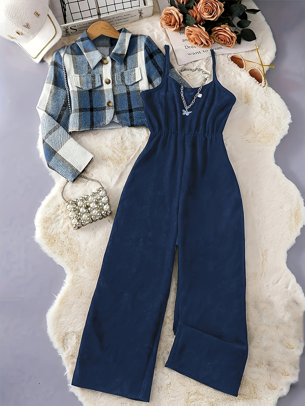 2025 New Elegant Vacation Style: Plaid Printed Button Top with Solid Color Ribbed Camisole Jumpsuit Set