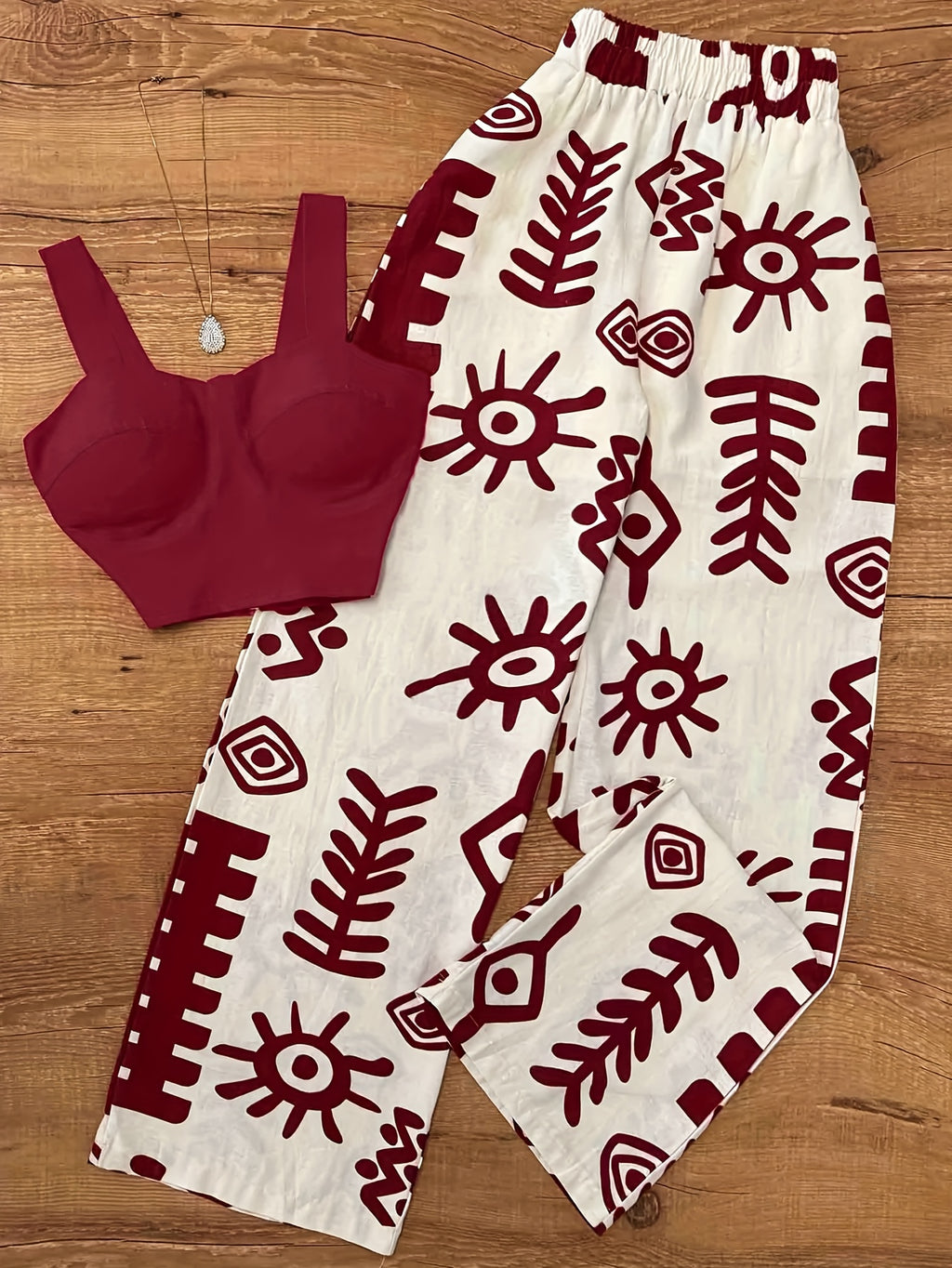 Red Printed Long Pants Set with Straps