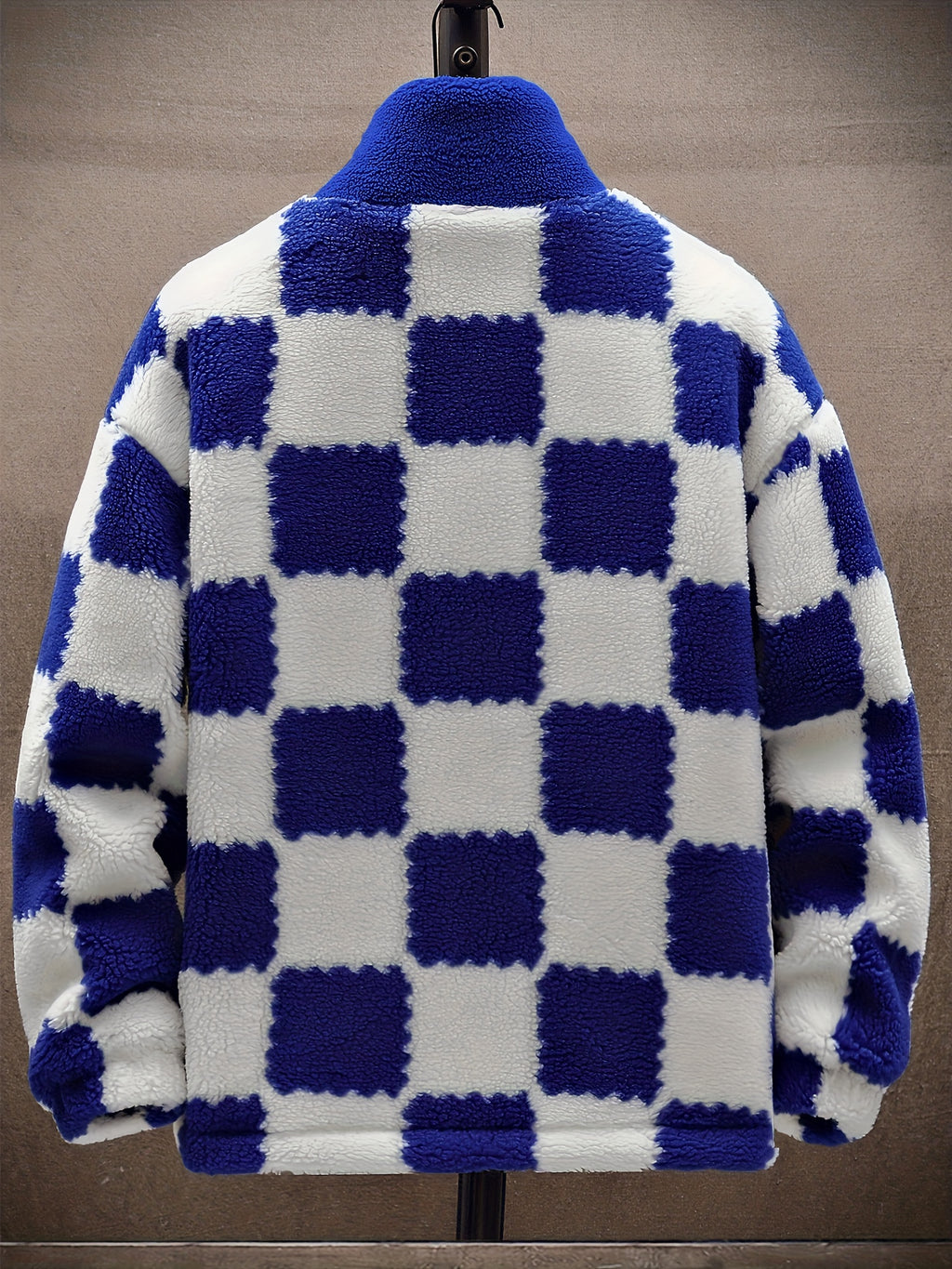 Blue & White Plush Checkered Winter Coat