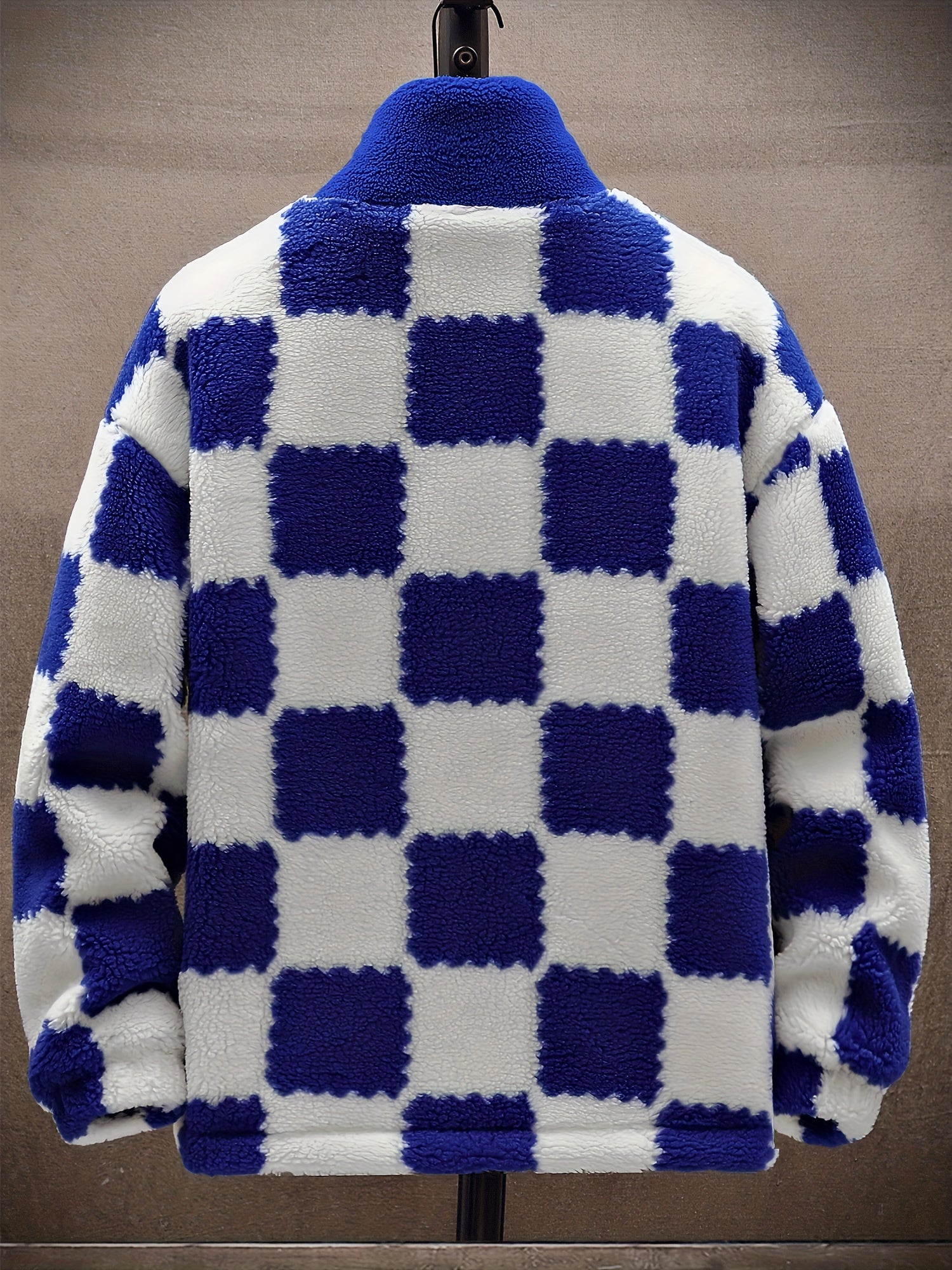 Blue & White Plush Checkered Winter Coat
