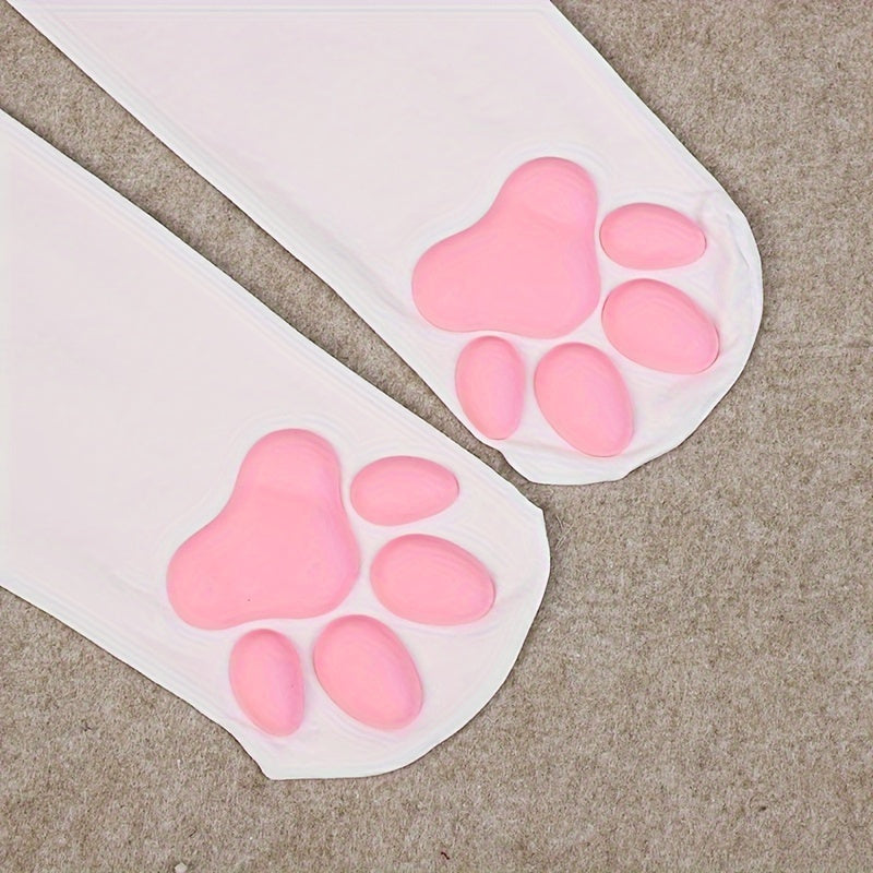 1 Pair Women's 3D Cat Paw Over-the-Knee Socks - Black Silicone Cosplay Socks with Pink Pads, Cute Kawaii Fashion Accessories for Themed Events & Daily Wear, Themed Event Accessory, Soft Fabric Construction, Costume Accessory,