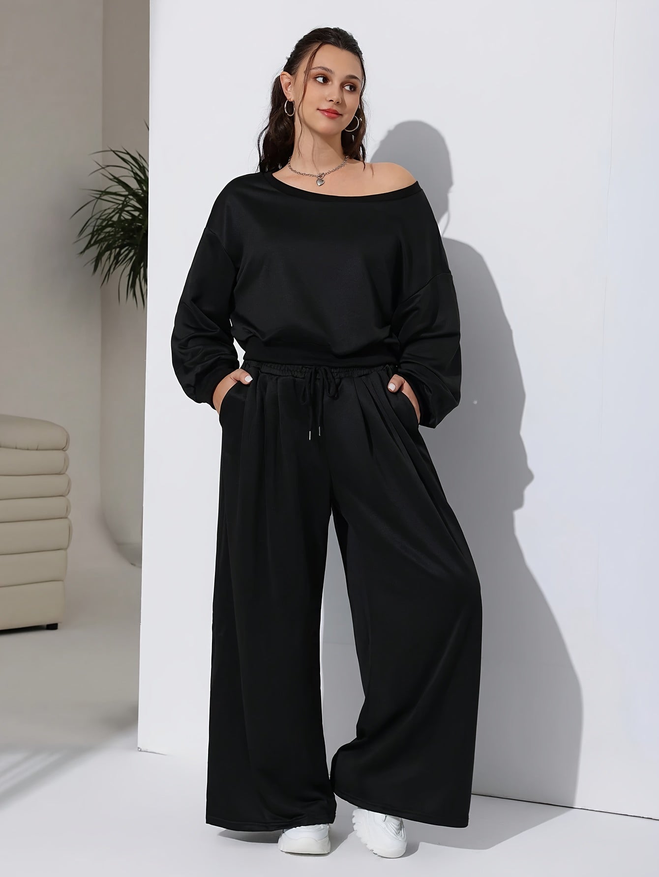 Casual Sweatshirt and Wide Leg Pants Set