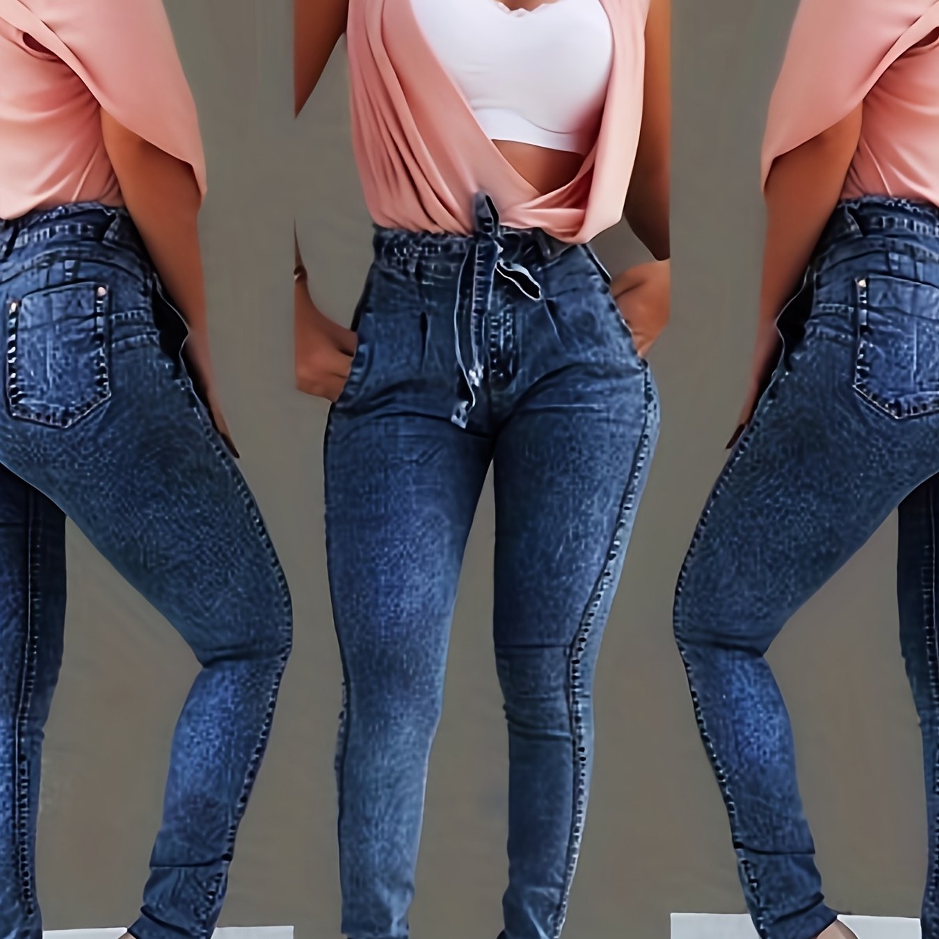 High-Waisted Slim-Fit Stretch Jeans with Tassel Belt