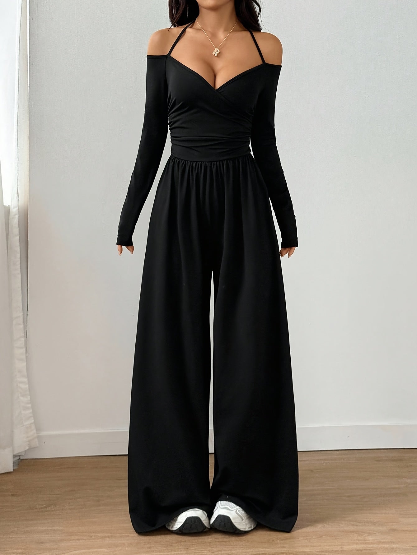 Off-Shoulder V-Neck Jumpsuit with Ruched Wide Legs