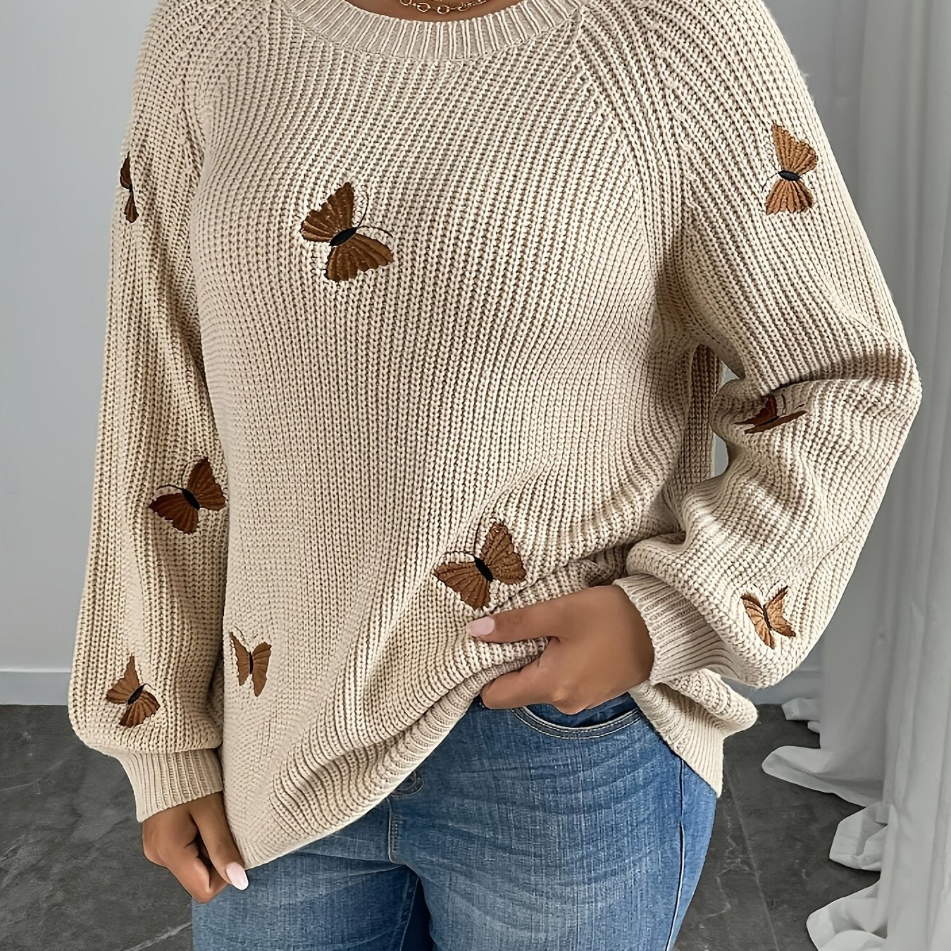 Beige & Brown Butterfly Sweater