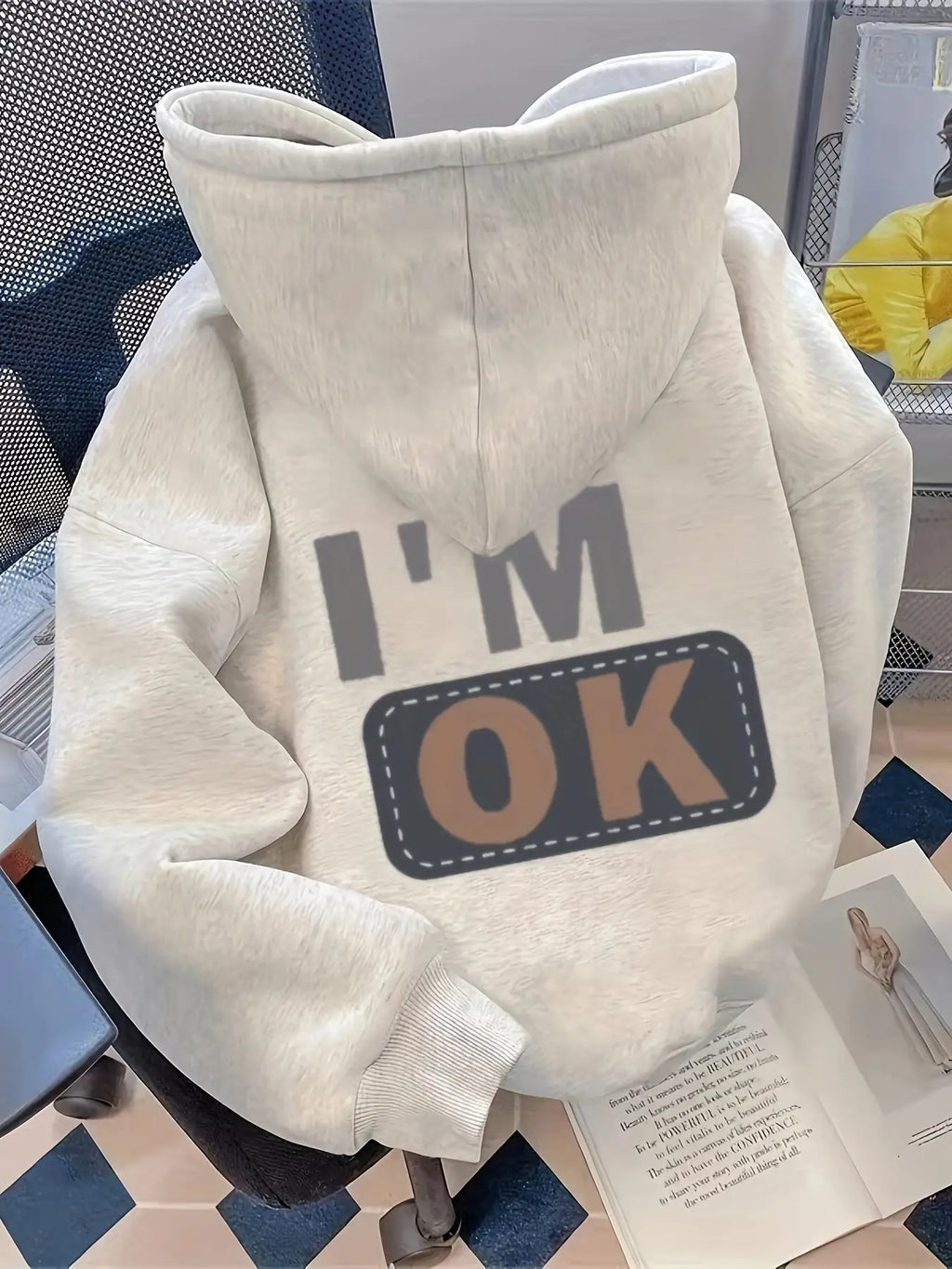Oversized Hoodie - Light Green Geometric "I'm OK" Patchwork Print