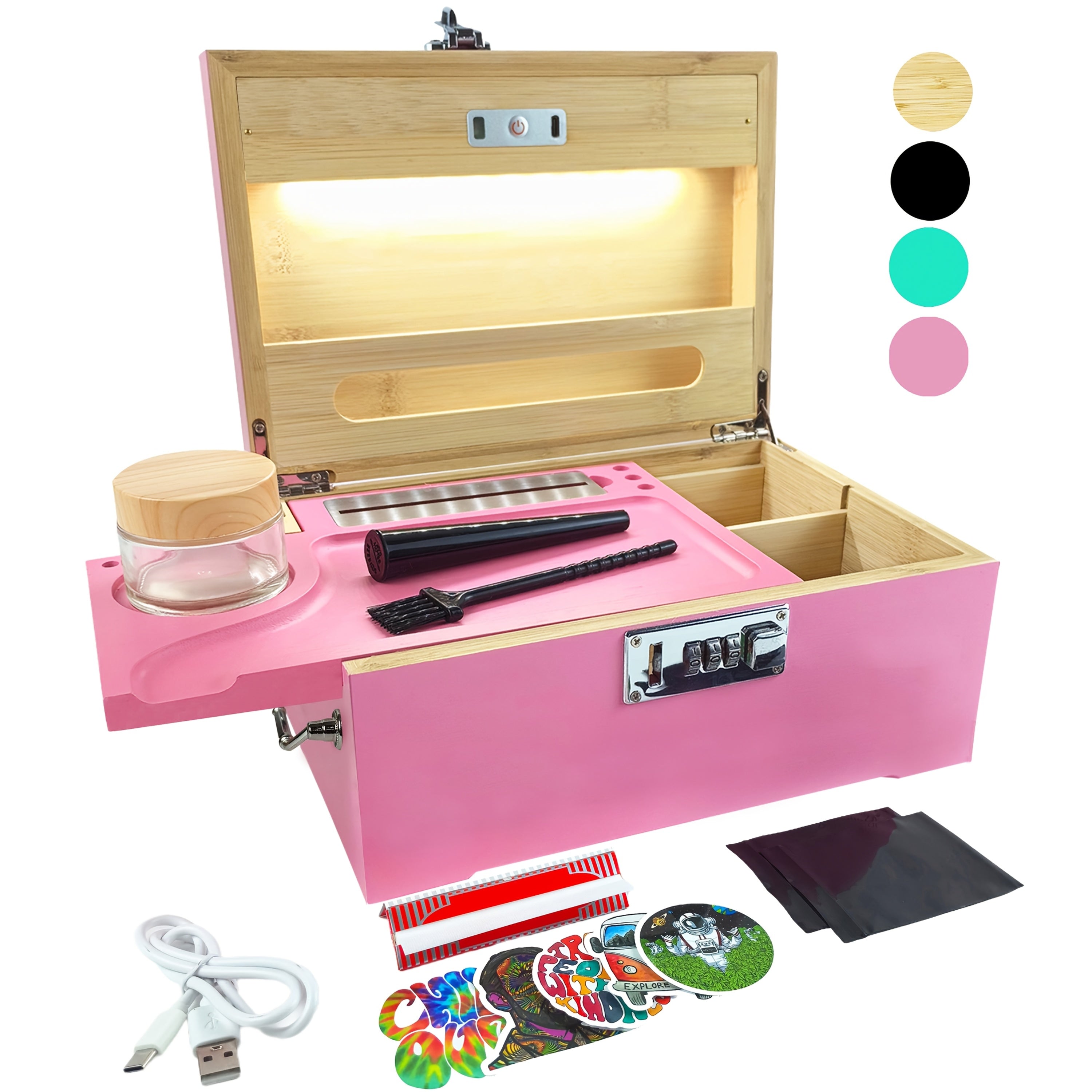 Premium Large Secure Stash Box with LED Light, Lockable Wooden Storage Organizer with Tray & Accessories