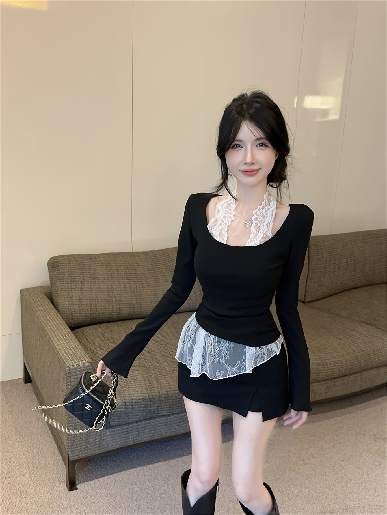 Lace Turtleneck Long-Sleeve Top