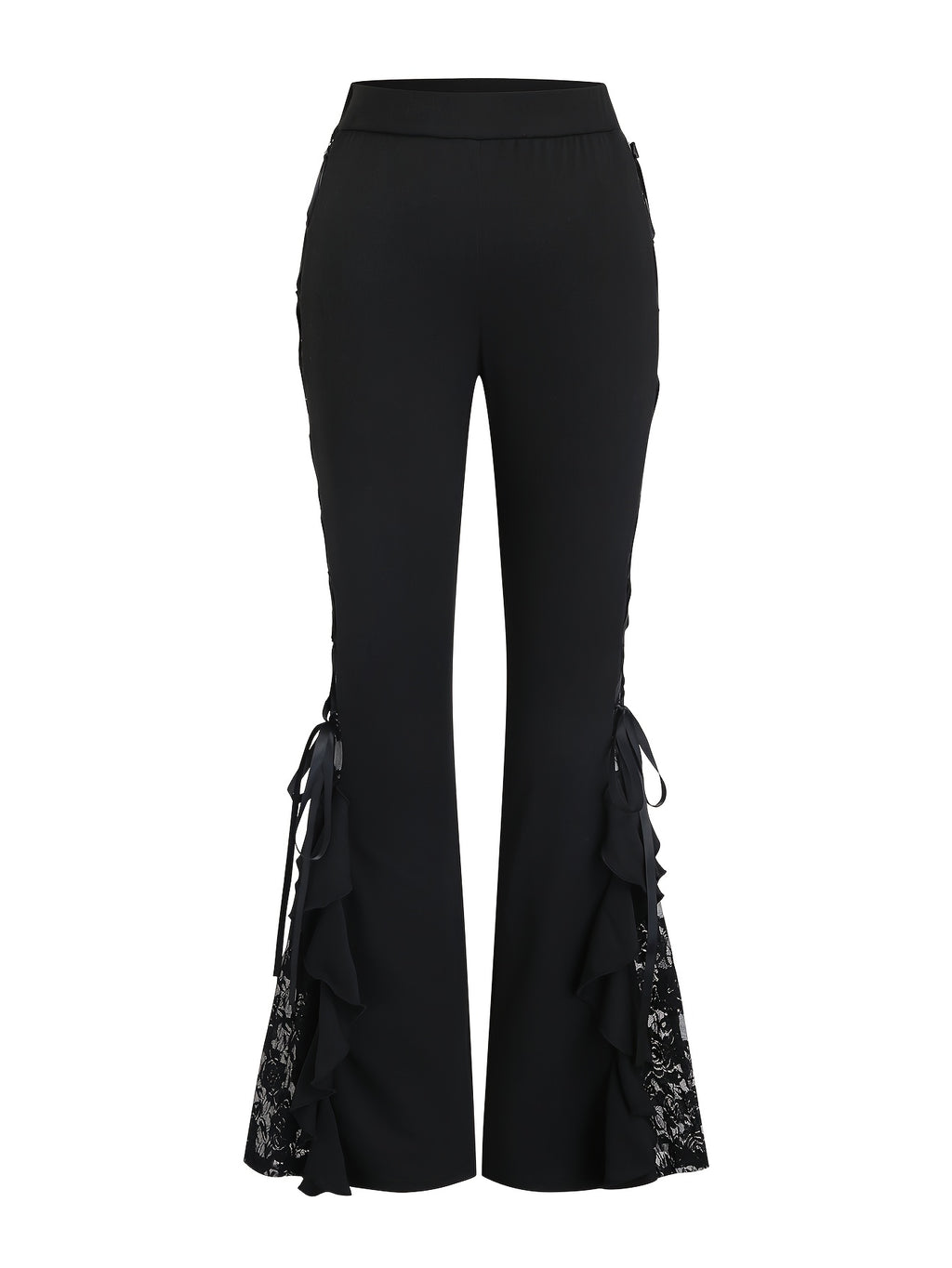 Women's Gothic Flared Pants with Contrast Lace and Tie-Up Design