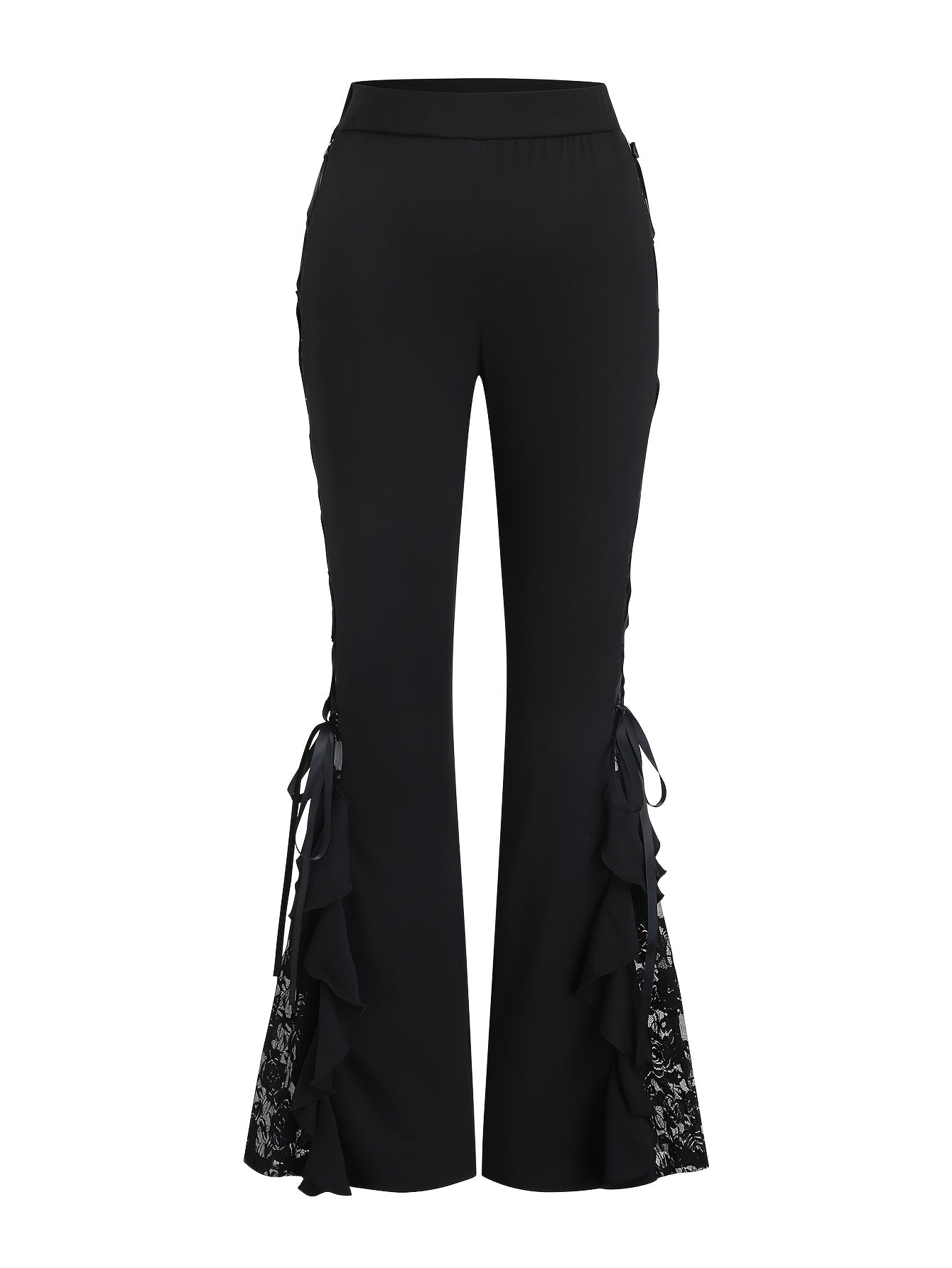 Women's Gothic Flared Pants with Contrast Lace and Tie-Up Design