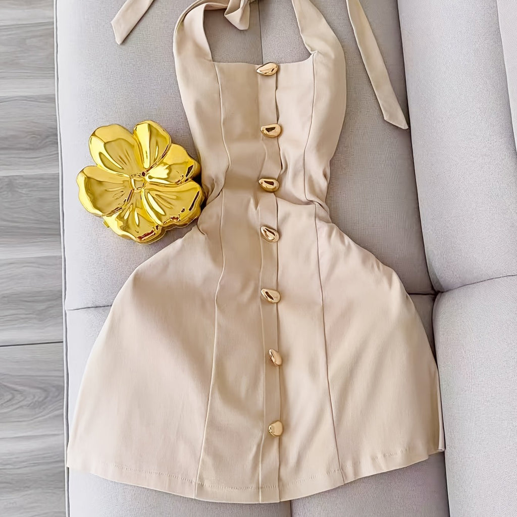 Sleeveless Waist-Cinching Dress with Tie and Button Closure