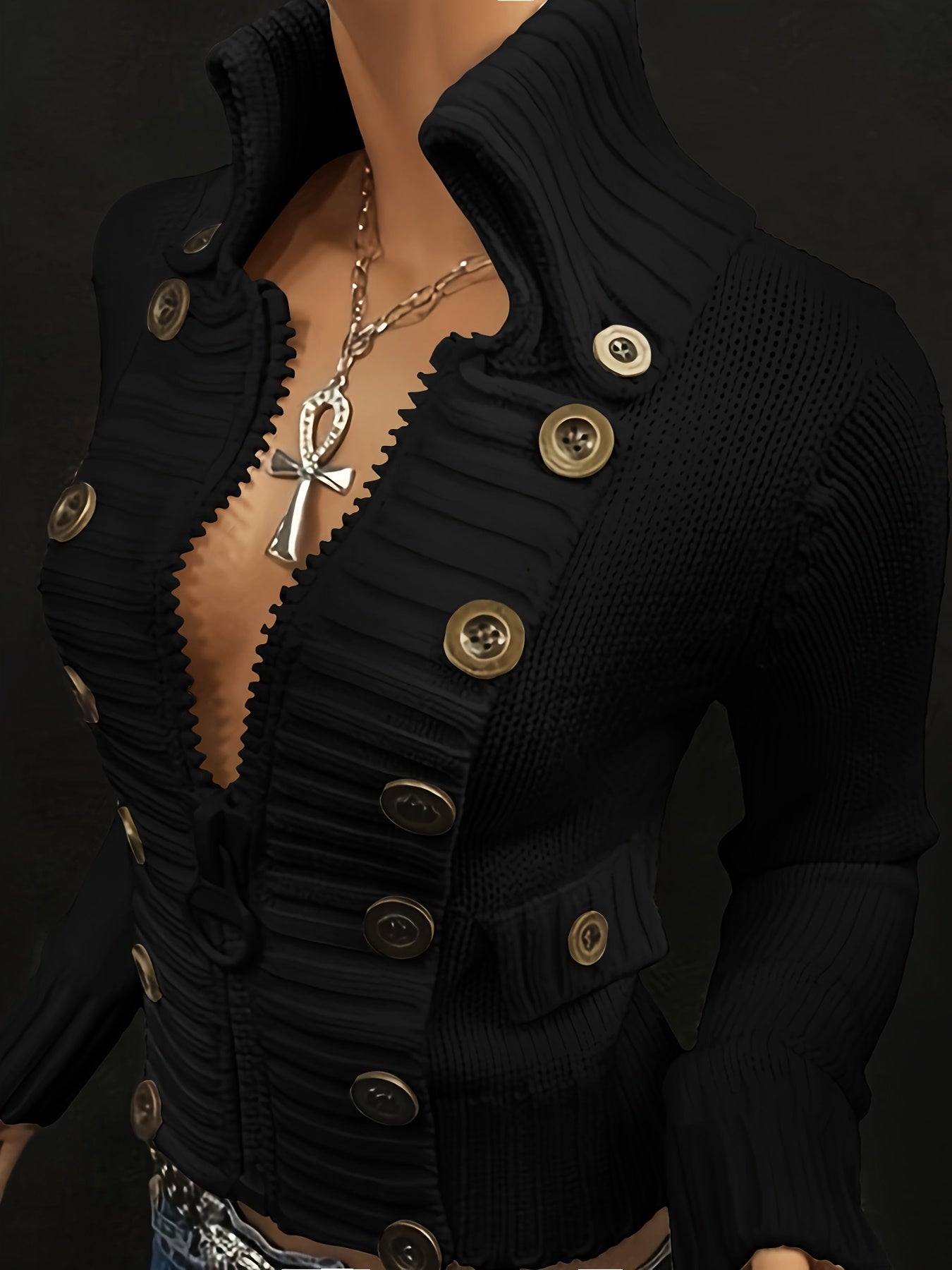 Women's Black Cardigan - Slim-Fit Sweater with Front Zipper & Golden Buttons, Elegant Stand-Up Collar for Formal/Casual Outfits - All-Season Chic Jacket, Versatile Layering, Modern Knitwear, Premium Finish, Fashionforward Wom