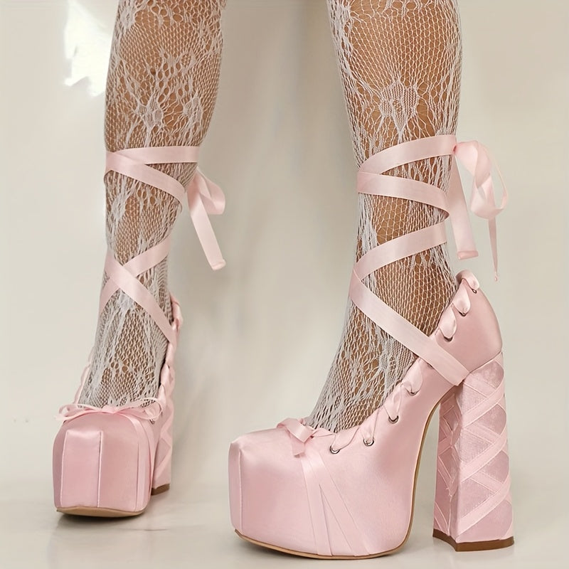 Mary Jane Platform Pumps with Lace-Up Bow Detail