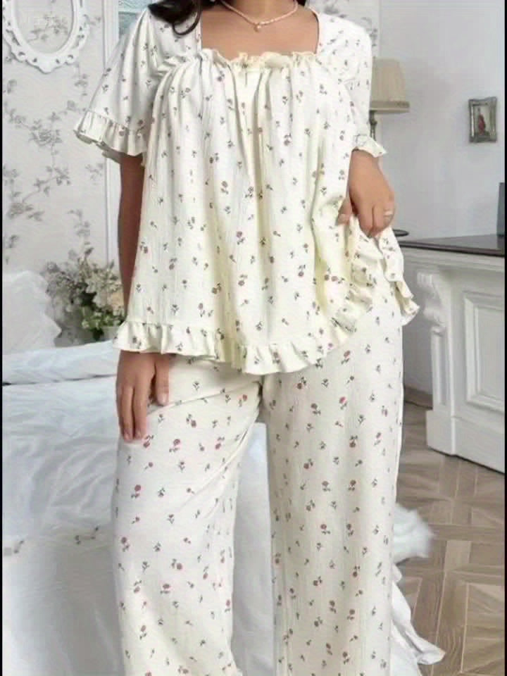 Casual Loose Floral Print Square Neck Bow Decor Pleated Hem Ruffle Edge Short Sleeve Top Set