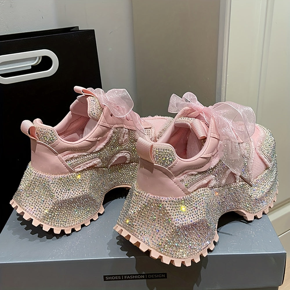 Rhinestone-Embellished Sneakers with Thick Platform Sole