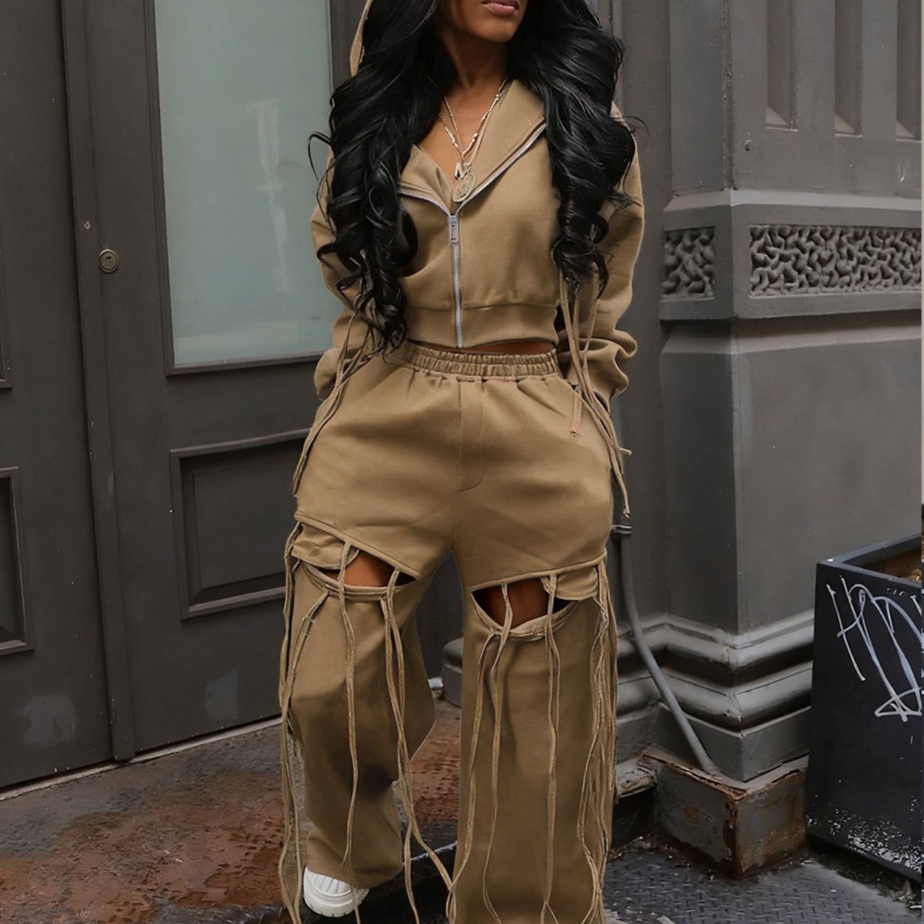 Hooded Zipper Sweatshirt Wide-Leg Hole Two-Piece Suit