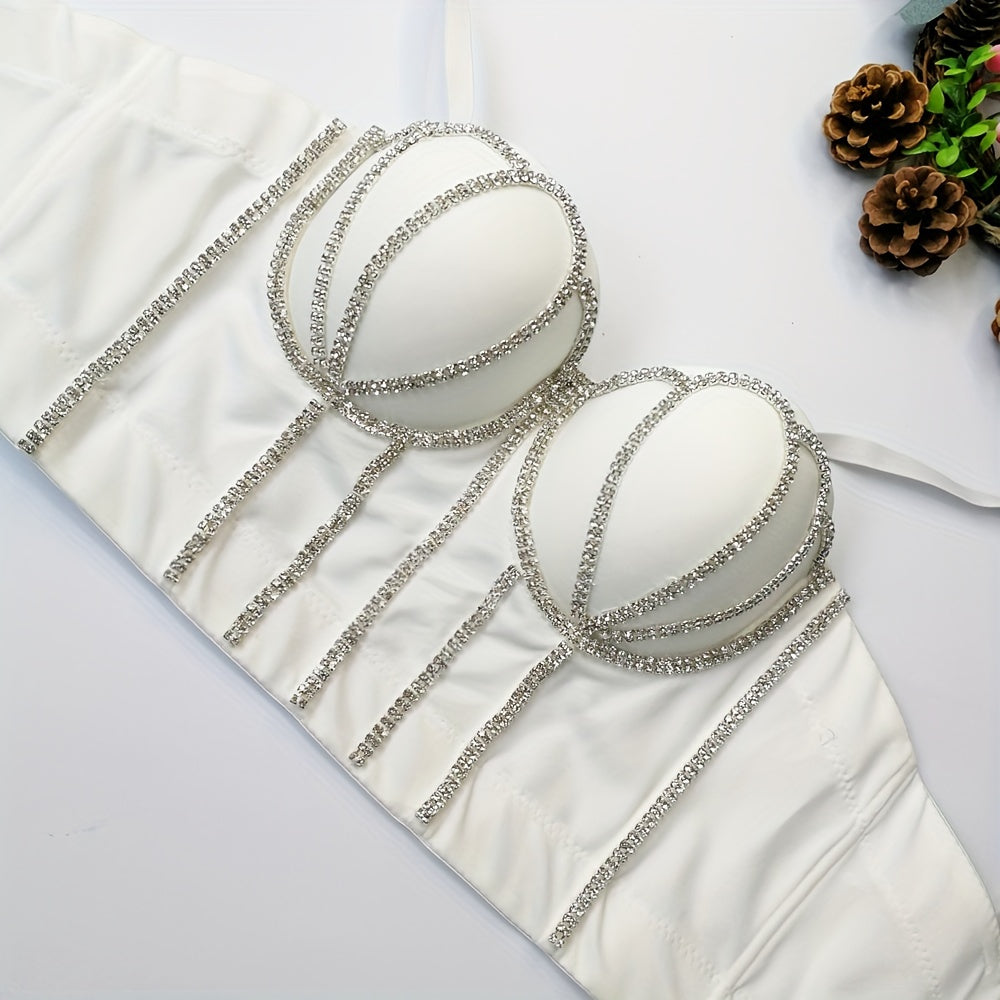 #8185 French Design Sleeveless Vest, Niche Shaping Underwear for Women, Fishbone Top with Studs and Shiny Rhinestones, Women'S Group Tightening Wrap Chest