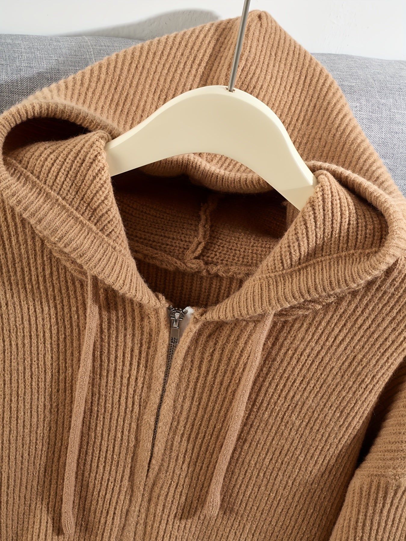 Women's Thick Winter Hooded Zip-Up Cardigan Coat, Brown, Front Zipper Closure, Medium Stretch Fabric for Cold Weather - Casual Outerwear for Everyday & Formal Events