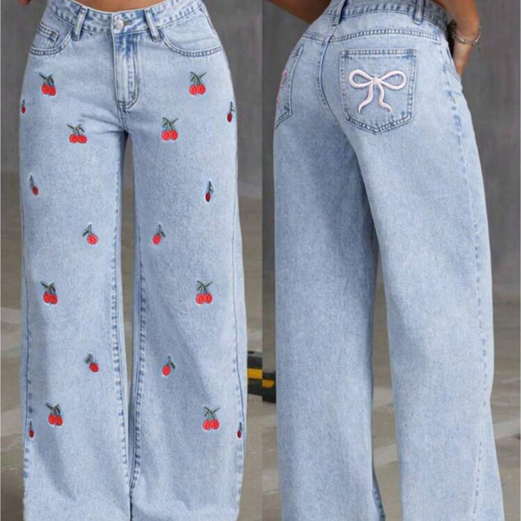 Light Blue High - Waisted Wide - Leg Jeans. Two Styles: Bow Embroidery & Cherry Embroidery