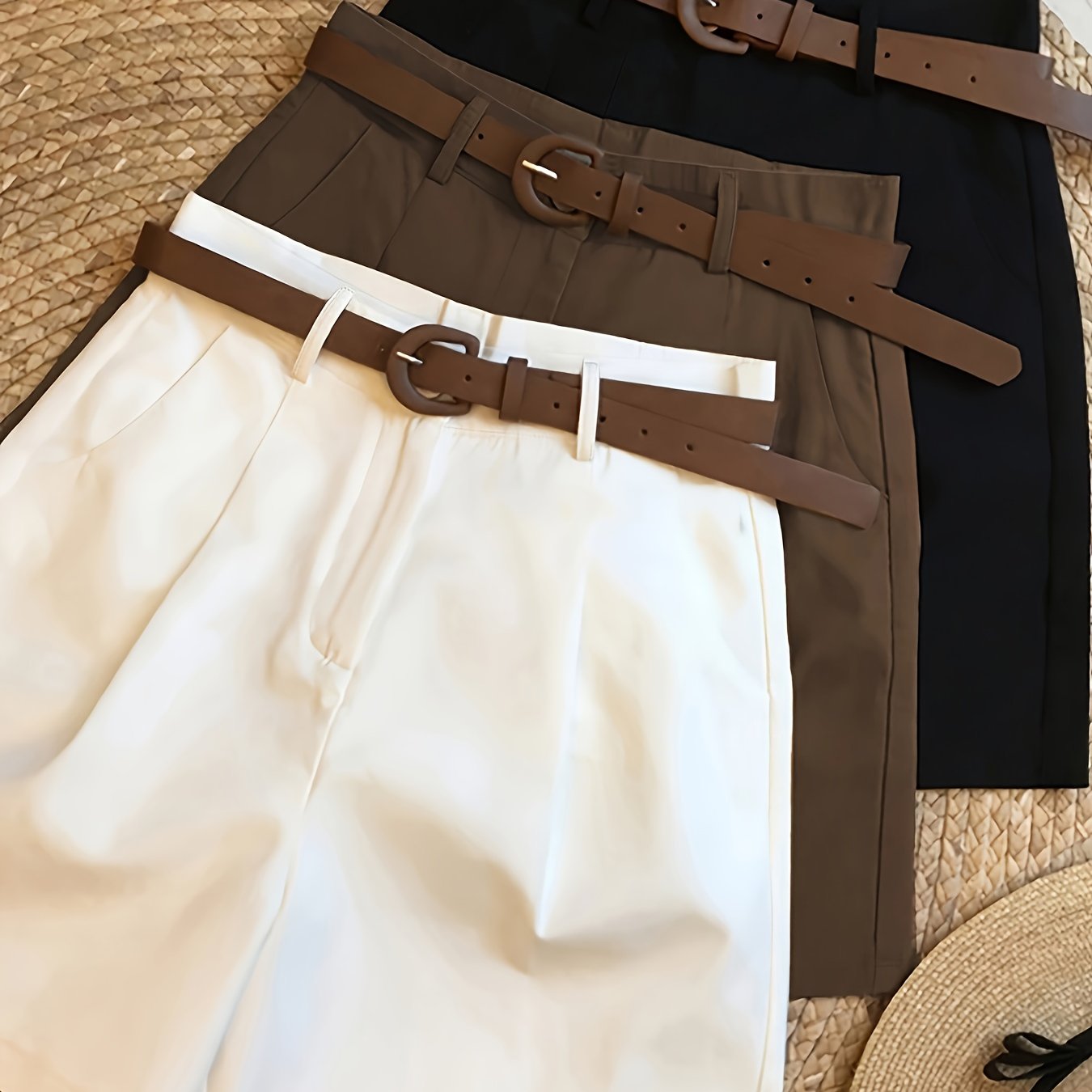 Women'S Elegant Three-Piece Set - Solid Color Shorts with Zipper Pockets, All-Season Casual & Formal Wear, Beige/Black/Brown, Comfortable Fabric