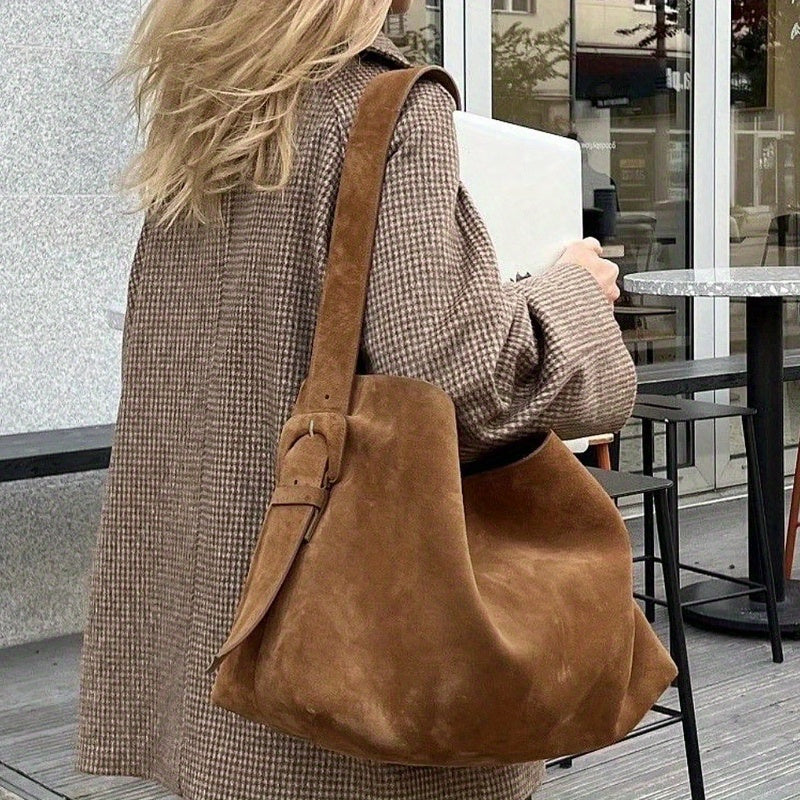 1pc Women's Large Capacity Matte Tote Bucket Bag - Elegant Brown (Coffee color) with Closure, Structured sides & Sturdy Strap - Hand Washable Faux suede-like texture for Work, Travel, Everyday Use - Spacious Handbag for Lapto