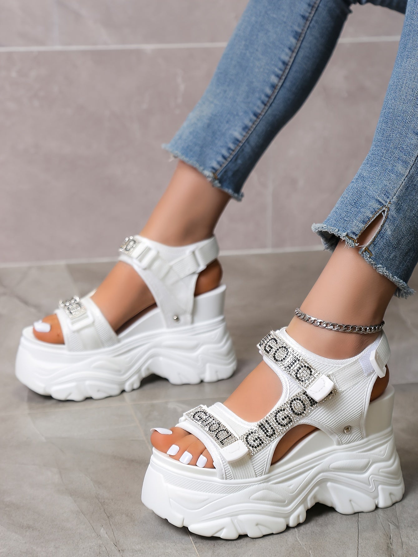 Women's Rhinestone Platform Sandals - Black Open Toe High Heel, Breathable Mesh Upper & PU Sole, Fashionable Summer Shoes with Closure for Casual or Party Wear, Casual Footwear | Rhinestone Embellishments, High Heel Sandals