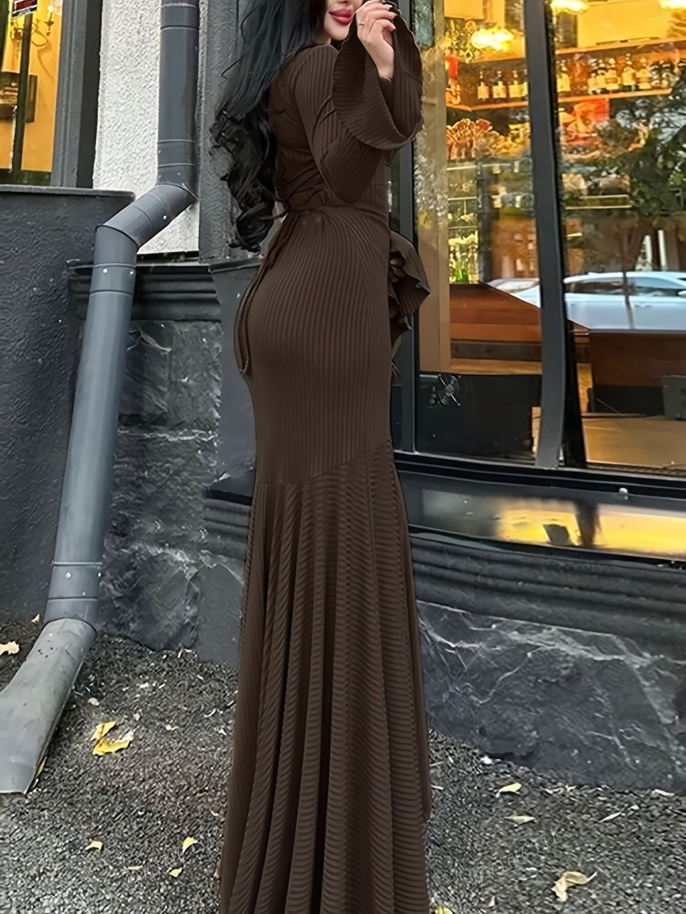 Women's Elegant Fall Winter Mermaid Dress with Bell Sleeves & Back Tie Closure - Long Sleeve A-Line Floor-Length Formal Party Wedding Dress, Machine Washable Round Neck Solid Color (Medium Stretch)