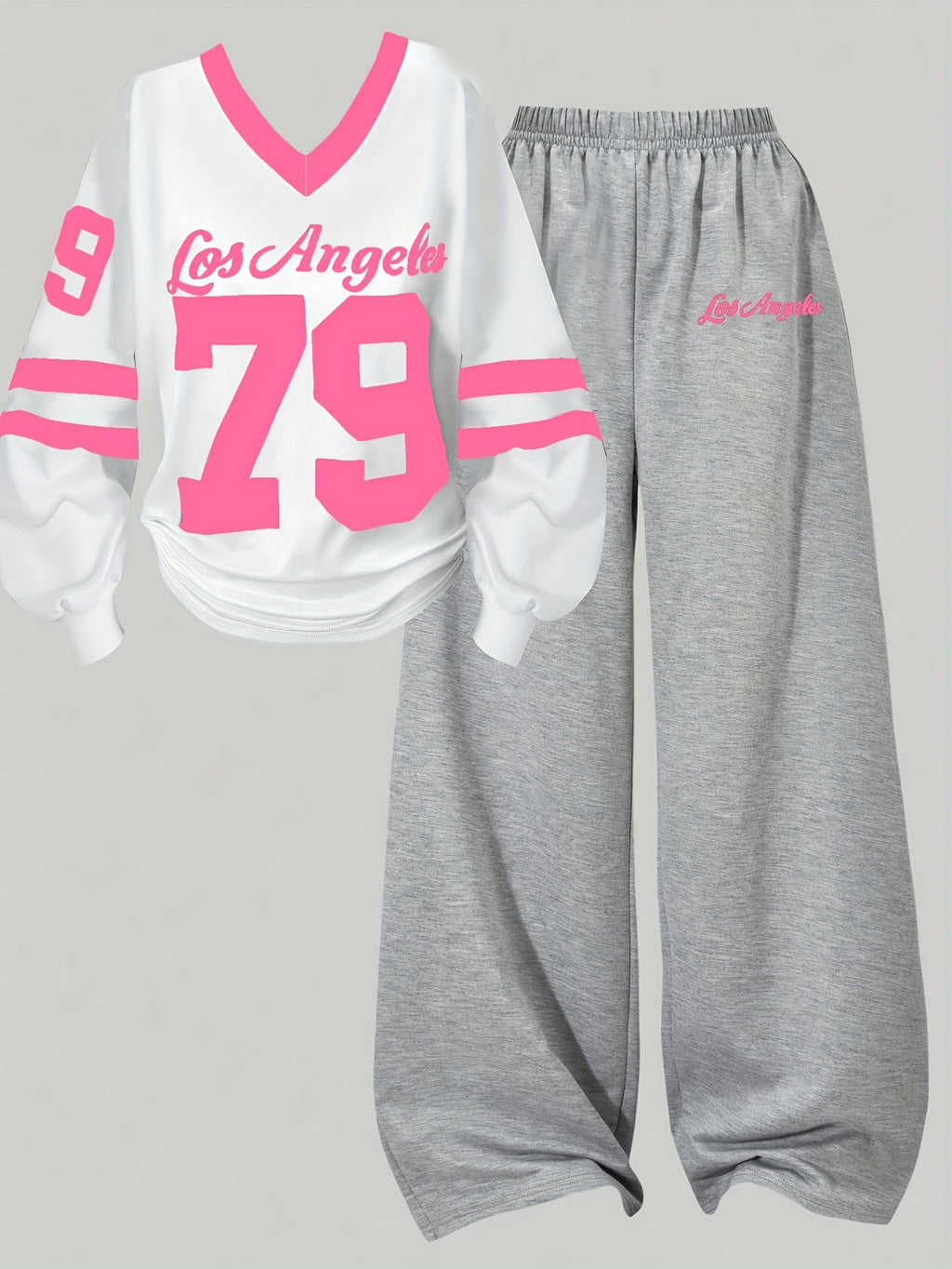 [2pcs} Digital Print Versatile V-Neck Top and Simple Wide-Leg Pants Set