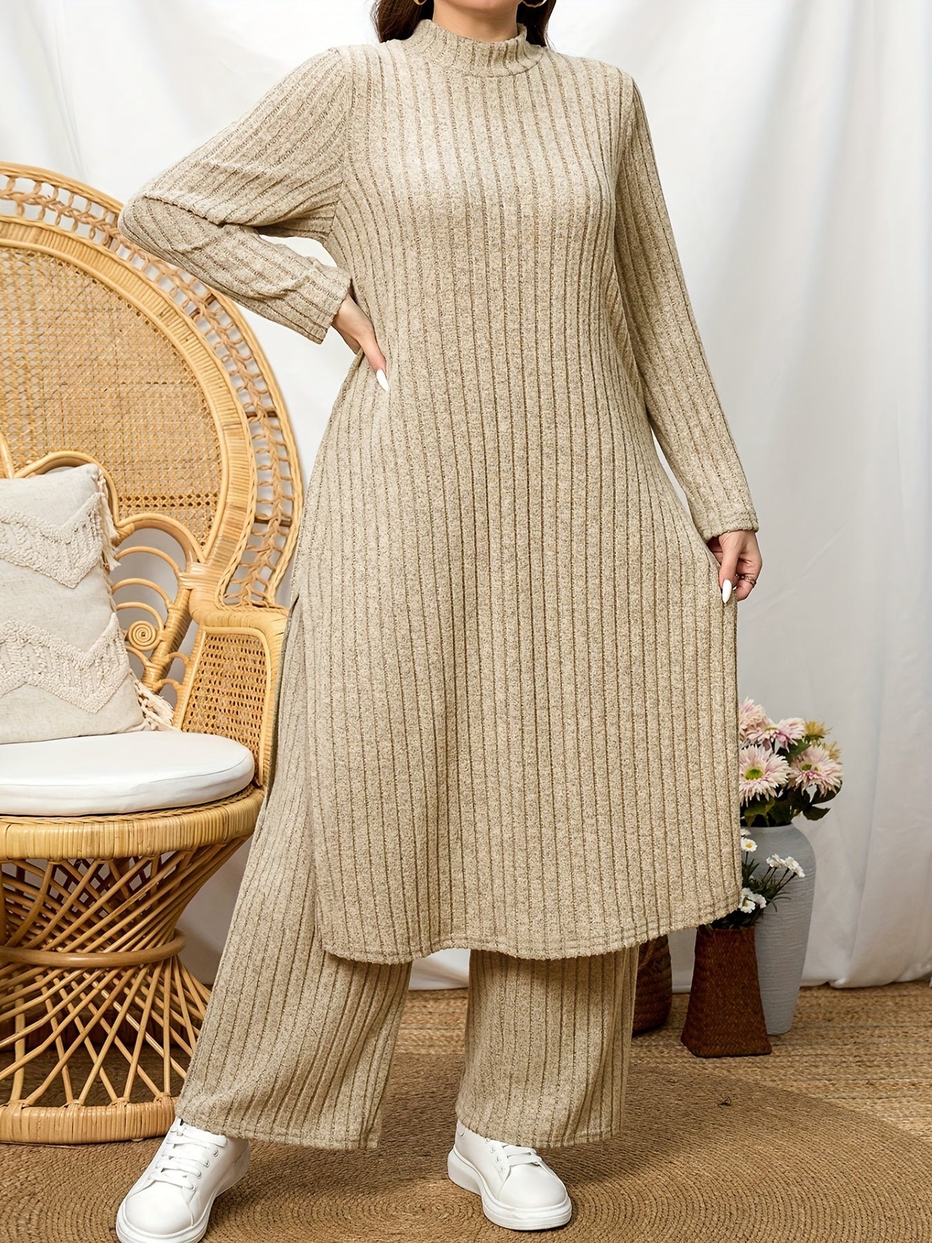 High Neck Ribbed Top + Pants Casual Set