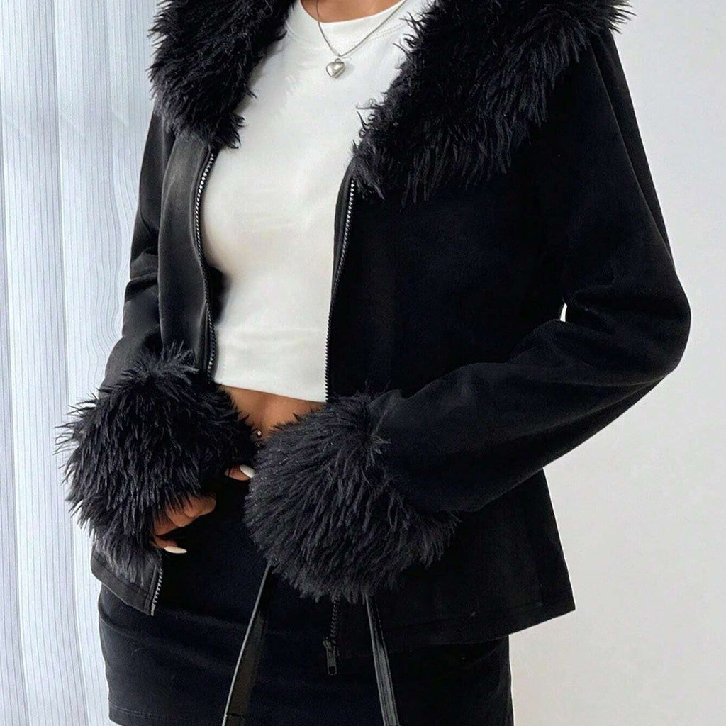 Women'S Y2K Full-Zip Faux Fur Collar Jacket - Elegant Winter Coat with Full-Zip Front Closure, Soft Faux Fur Trim & Full-Length Zipper, Casual To Formal Outerwear For Daily Wear, Parties, Winter Jacket, Party Outfit, Stylish
