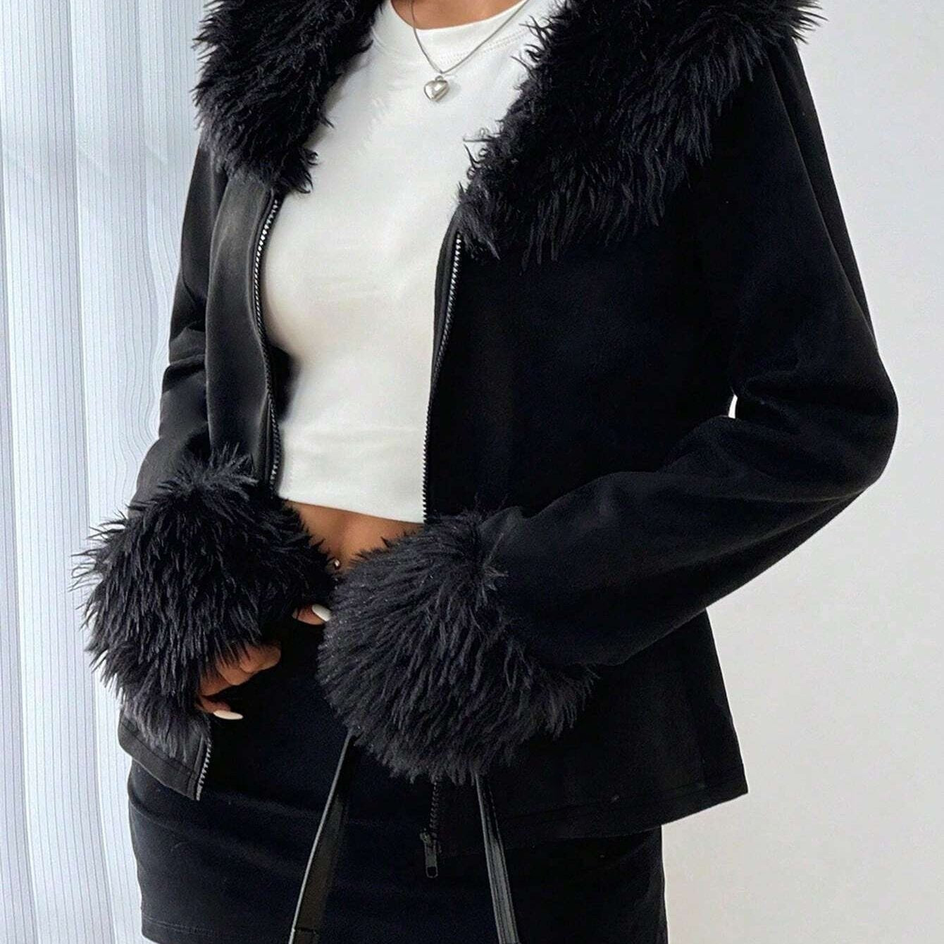 Women'S Y2K Full-Zip Faux Fur Collar Jacket - Elegant Winter Coat with Full-Zip Front Closure, Soft Faux Fur Trim & Full-Length Zipper, Casual To Formal Outerwear For Daily Wear, Parties, Winter Jacket, Party Outfit, Stylish