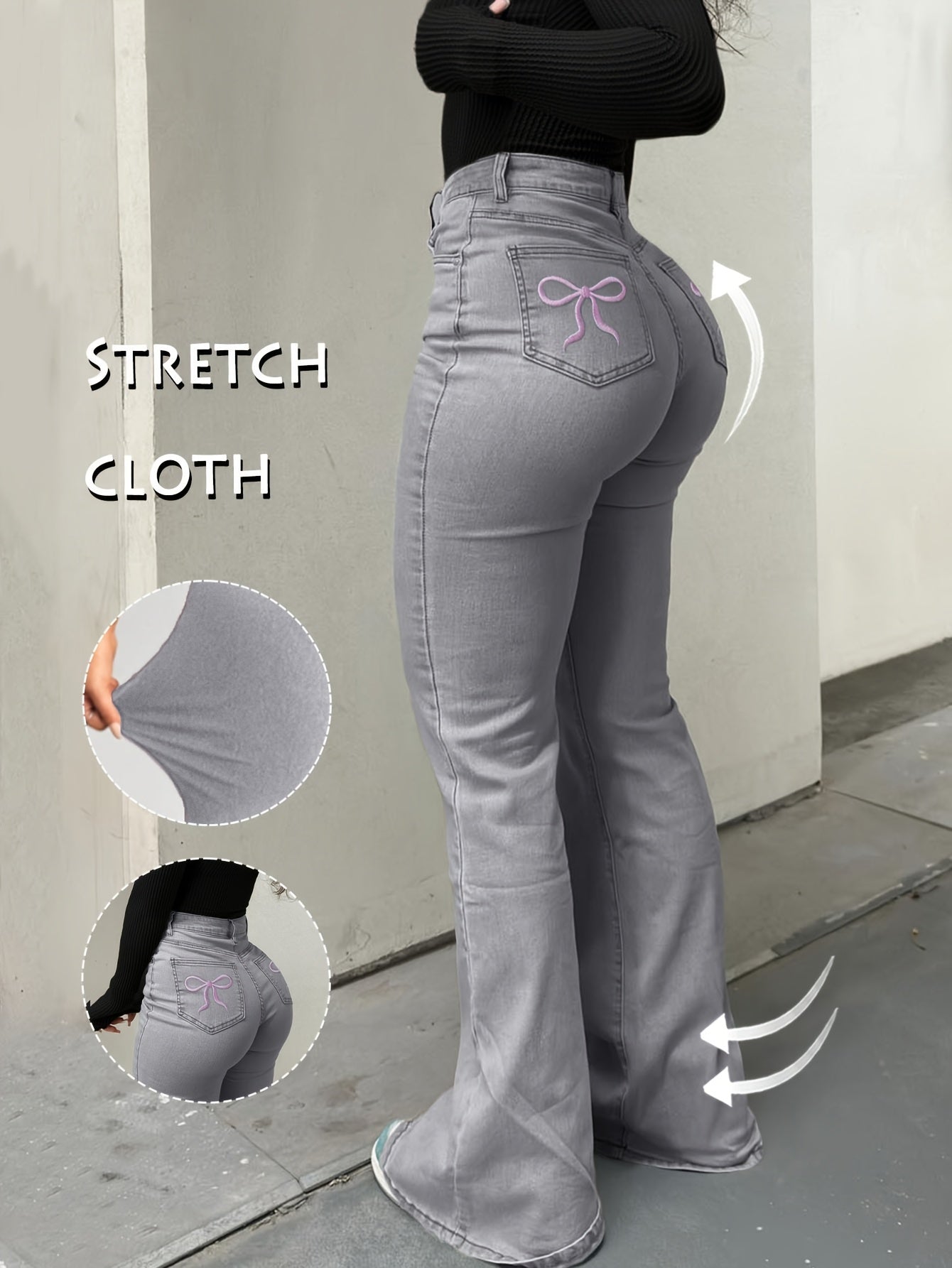 Women'S High-Waisted Stretch Denim Flare Jeans with Embroidered Bow Detail, Street Style Casual Pants, All-Season Comfort, Blue, High Waisted Jeans, Comfortable Fashion, Durable Fabric