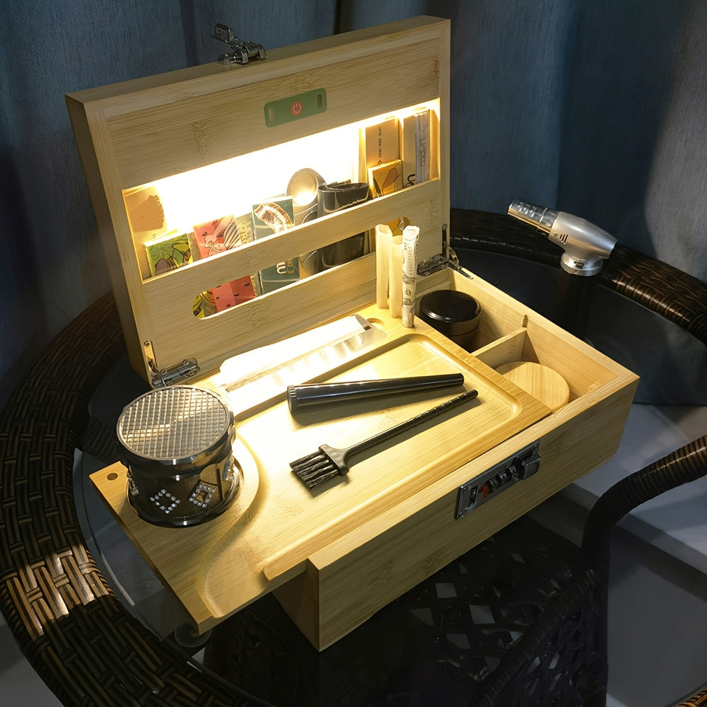 Premium Large Secure Stash Box with LED Light, Lockable Wooden Storage Organizer with Tray & Accessories