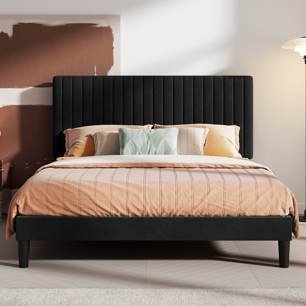 Modern Velvet Upholstered Bed Frame with Adjustable Headboard