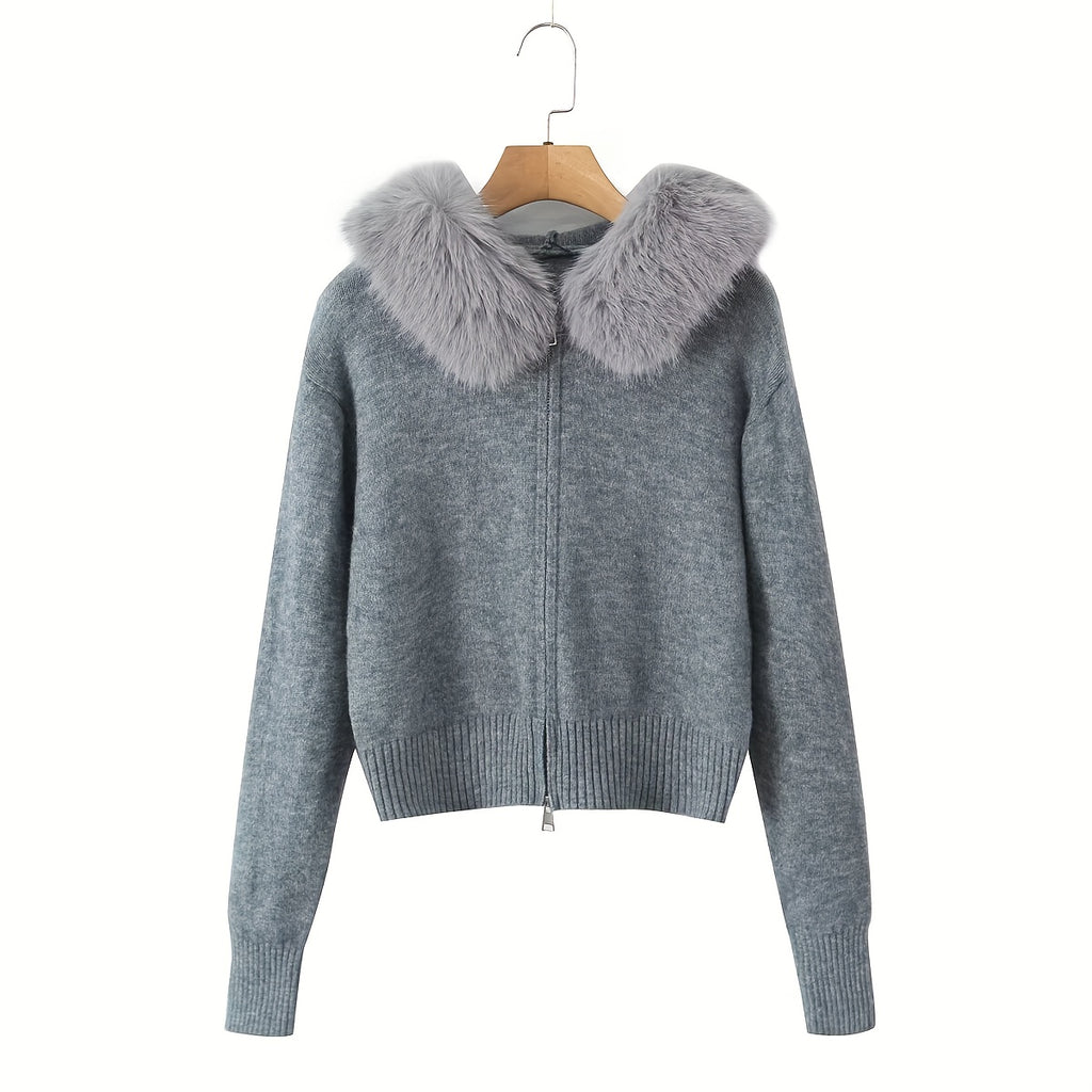 Hooded Zip-Up Cardigan with Faux Fur Trim
