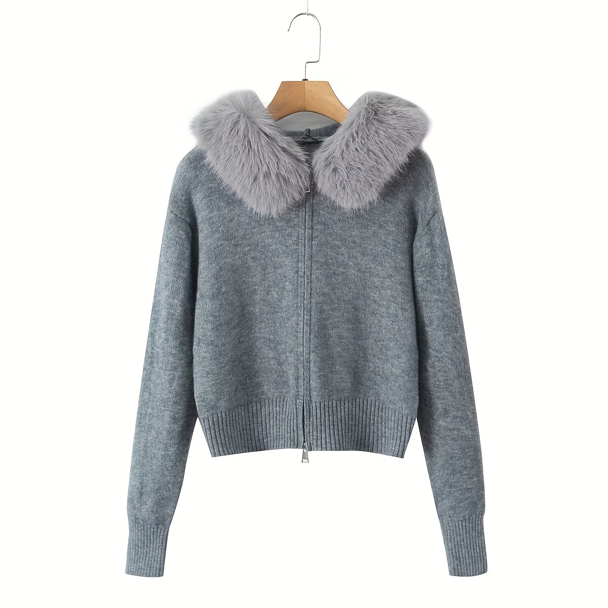 Hooded Zip-Up Cardigan with Faux Fur Trim