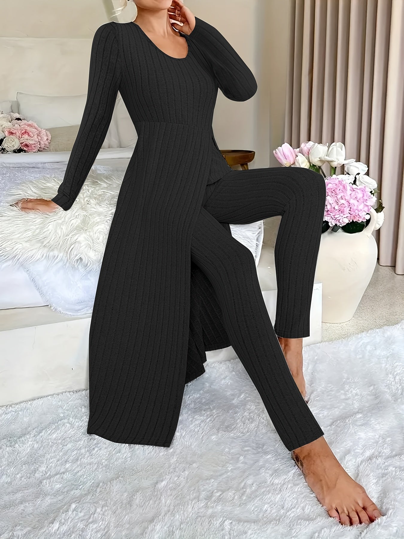Two-piece Set of Ribbed Long-sleeved Top and Pants