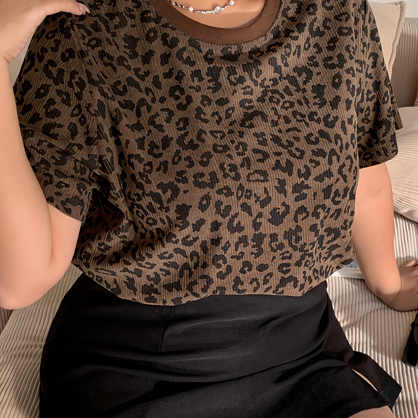 Brown & Black Leopard Print Short Sleeve Blouse