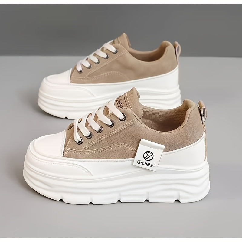 Women's Low-Top Lace-Up Sneakers - Beige/ White Faux Cover-like Synthetic Cover Arch Moccasin-Style Shoes with EVA Cushioned PVC Sole, Minimalist White Laces & Beige Traction Tread - All-Season Casual, Office, Gym, Walking Sh